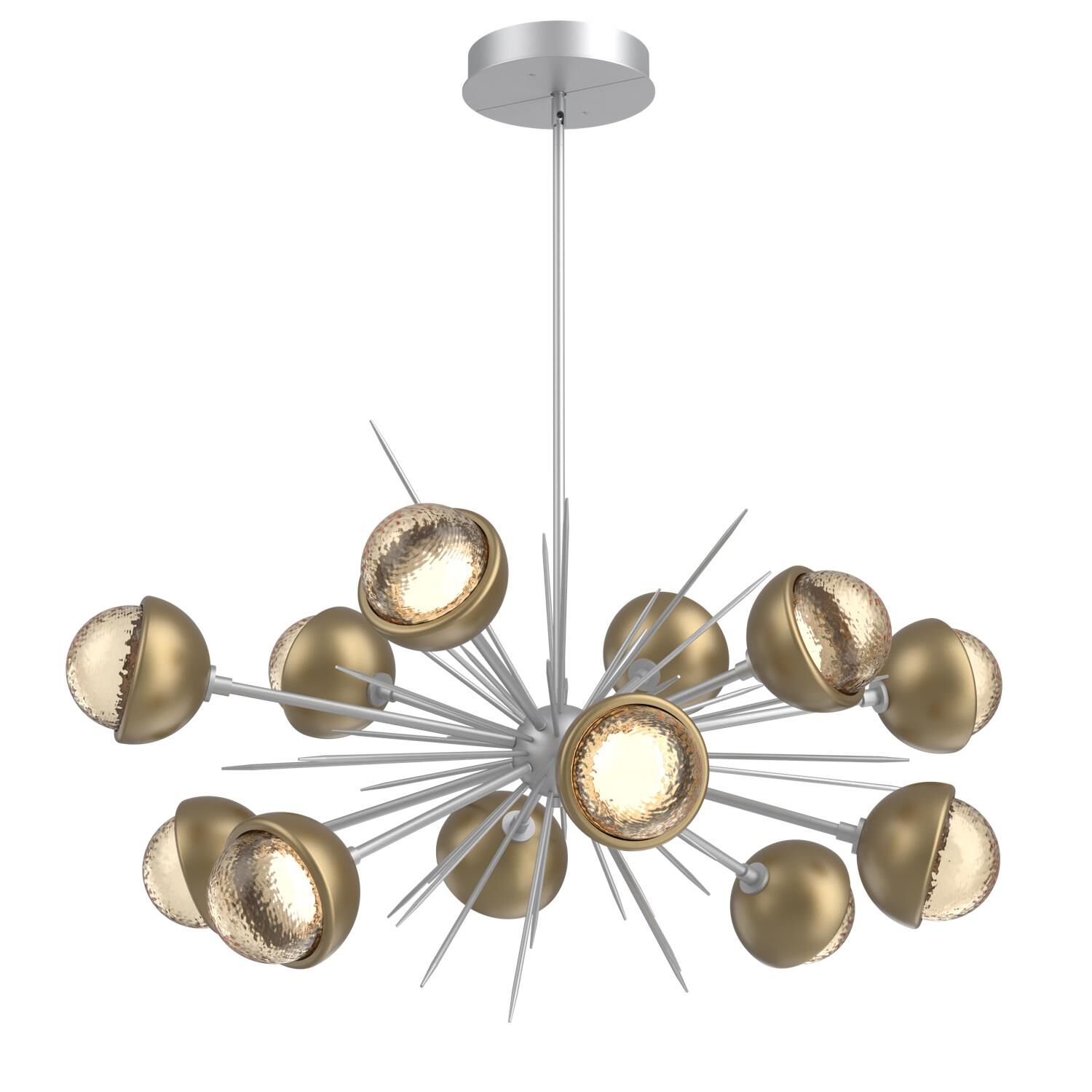 Shown in Classic Silver finish and Amber glass and Gilded Brass accent