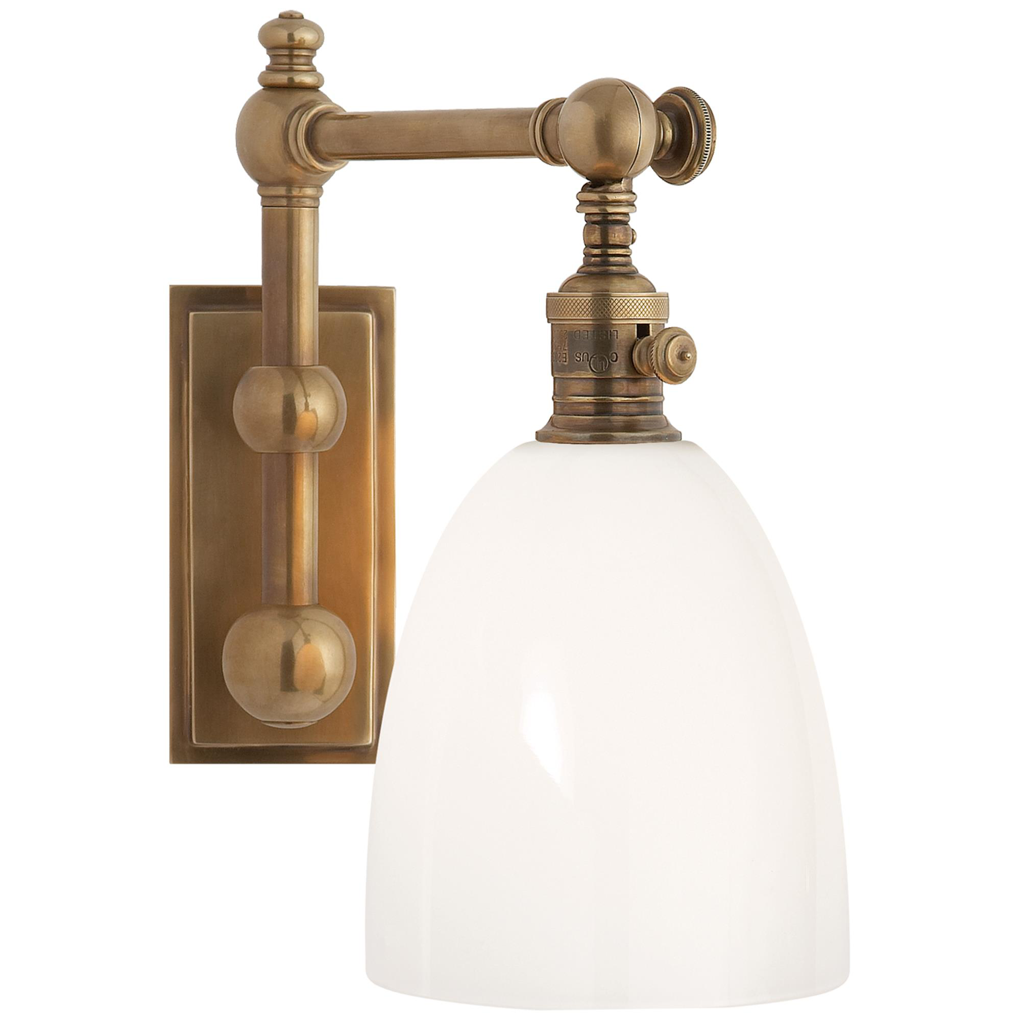 Shown in Antique-Burnished Brass finish and White glass