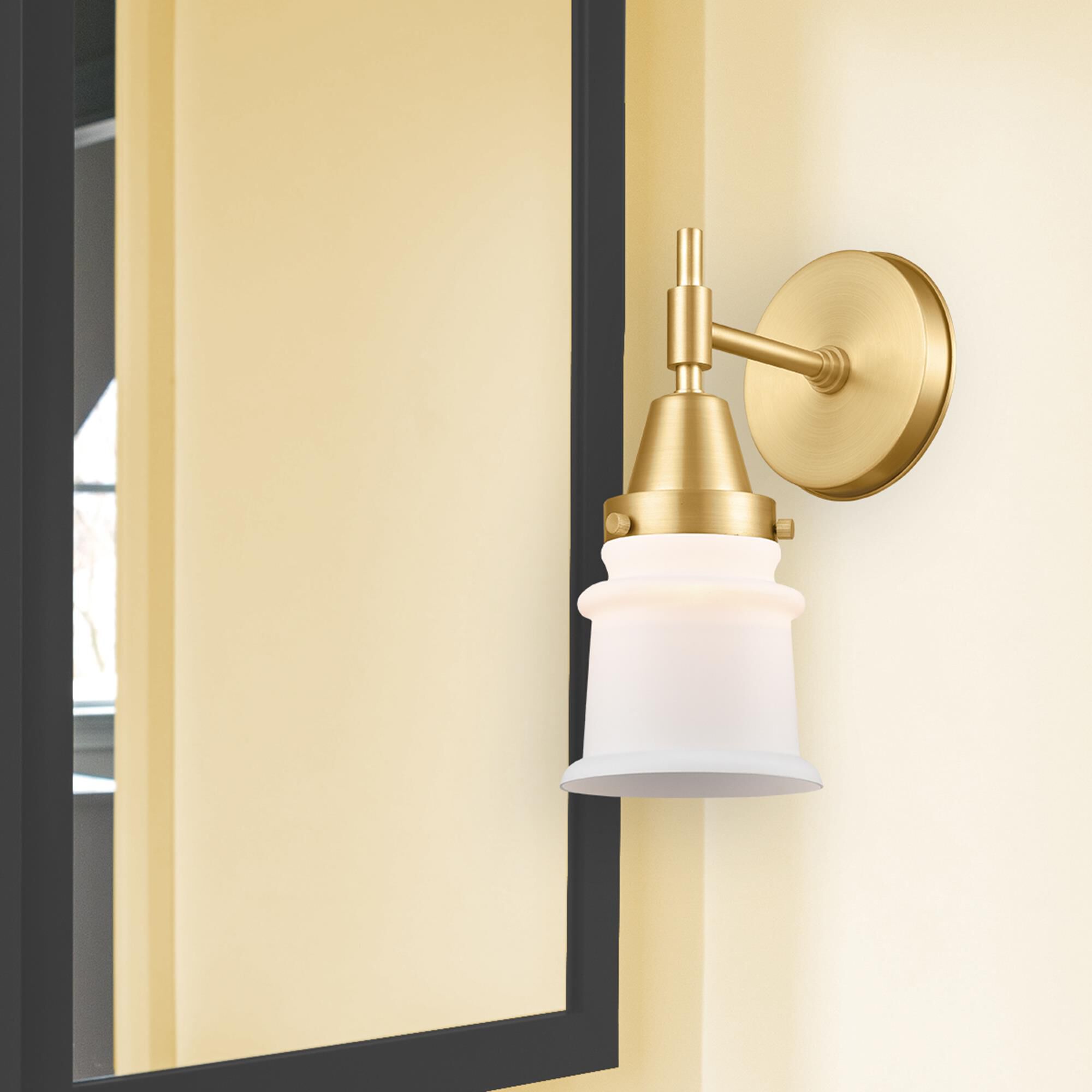 Shown in Satin Gold finish and Matte White glass