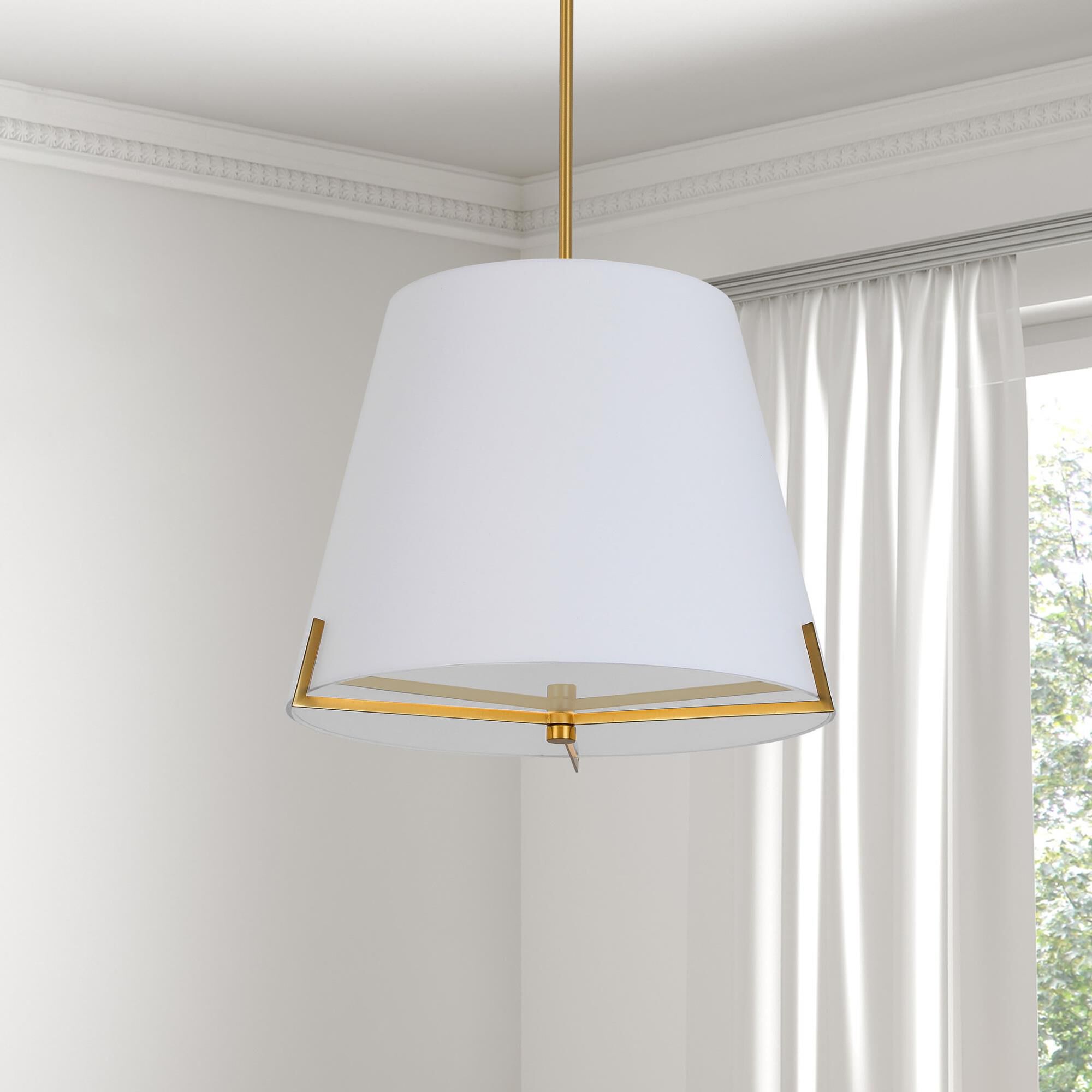 Shown in White and Aged Brass finish and White Fabric Tapered Drum shade