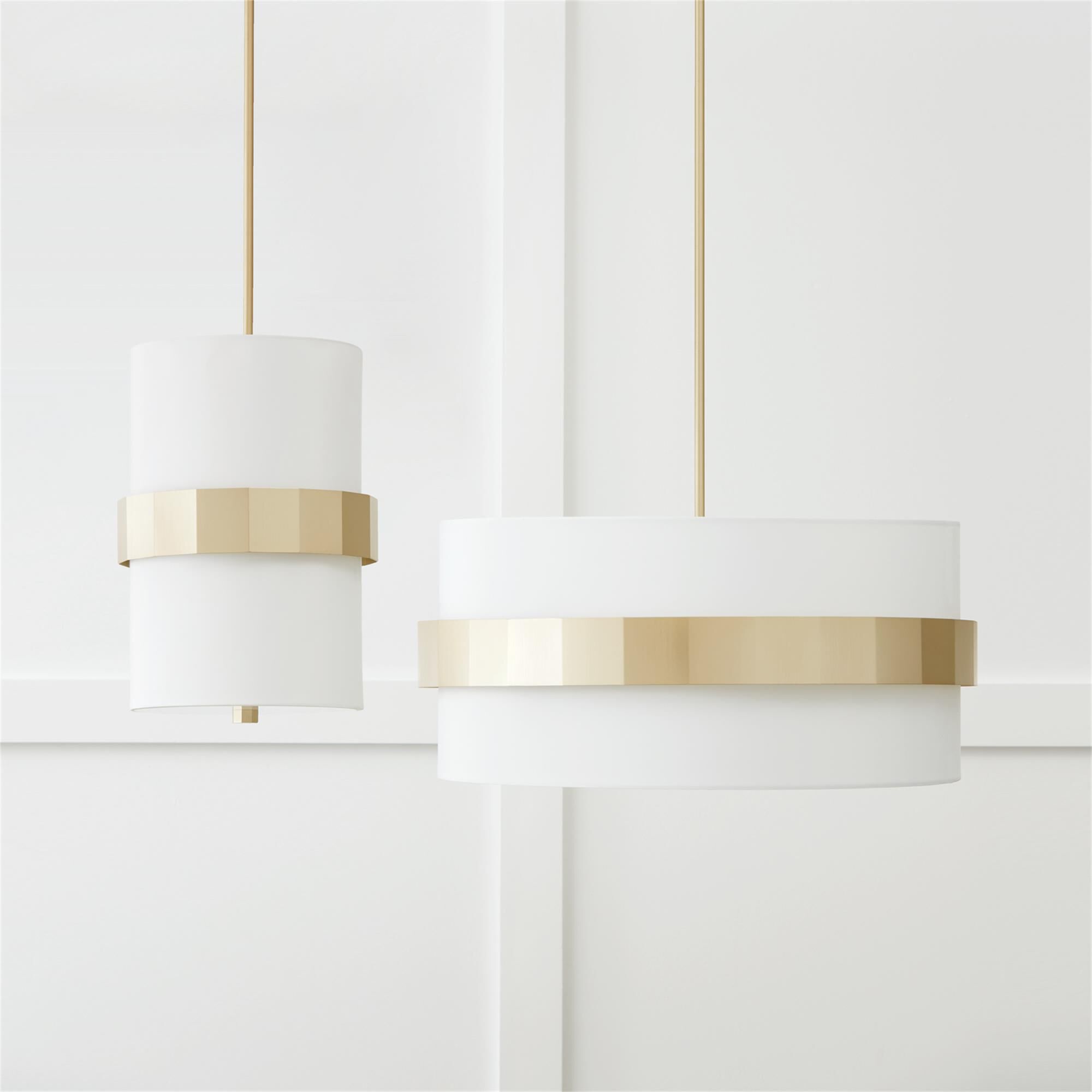 Shown in Soft Gold finish and White Fabric shade