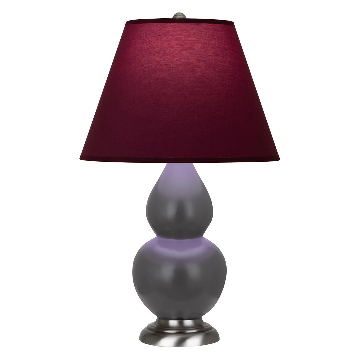 Shown in Matte Ash finish and Plum and Lavender shade and Antique Silver accent