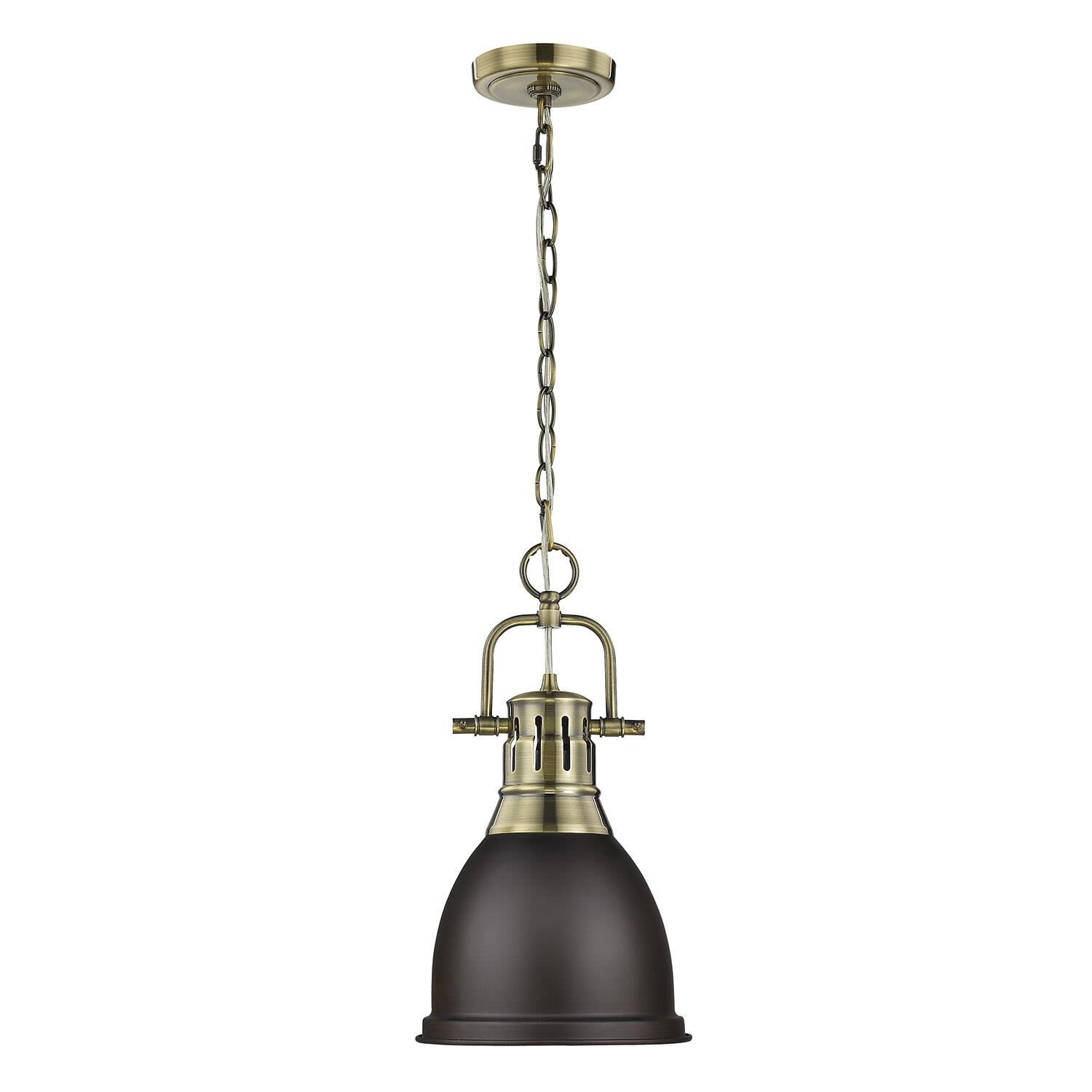 Shown in Aged Brass finish and Diffuser glass and Rubbed Bronze shade