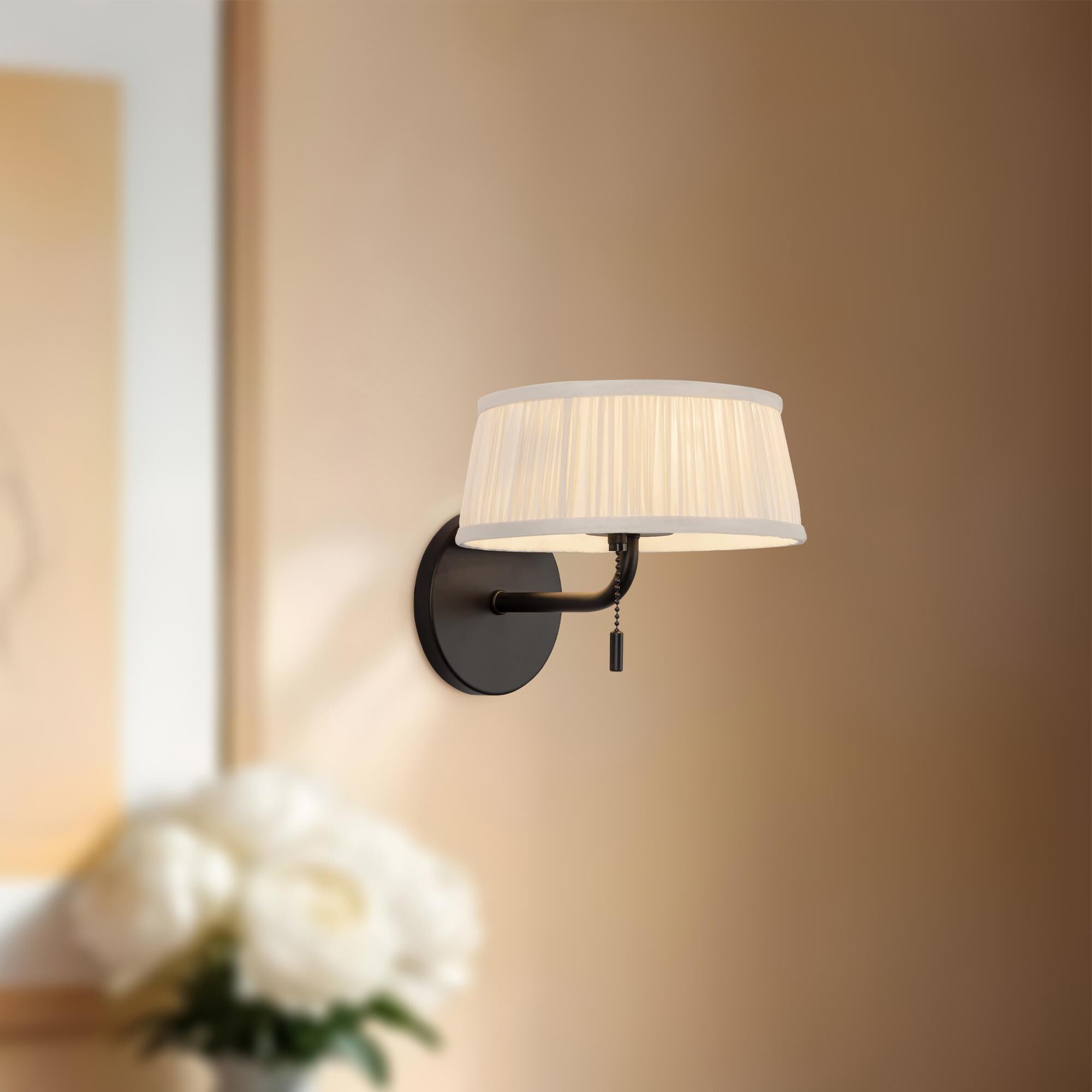 Shown in Matte Black finish and White Linen shade
