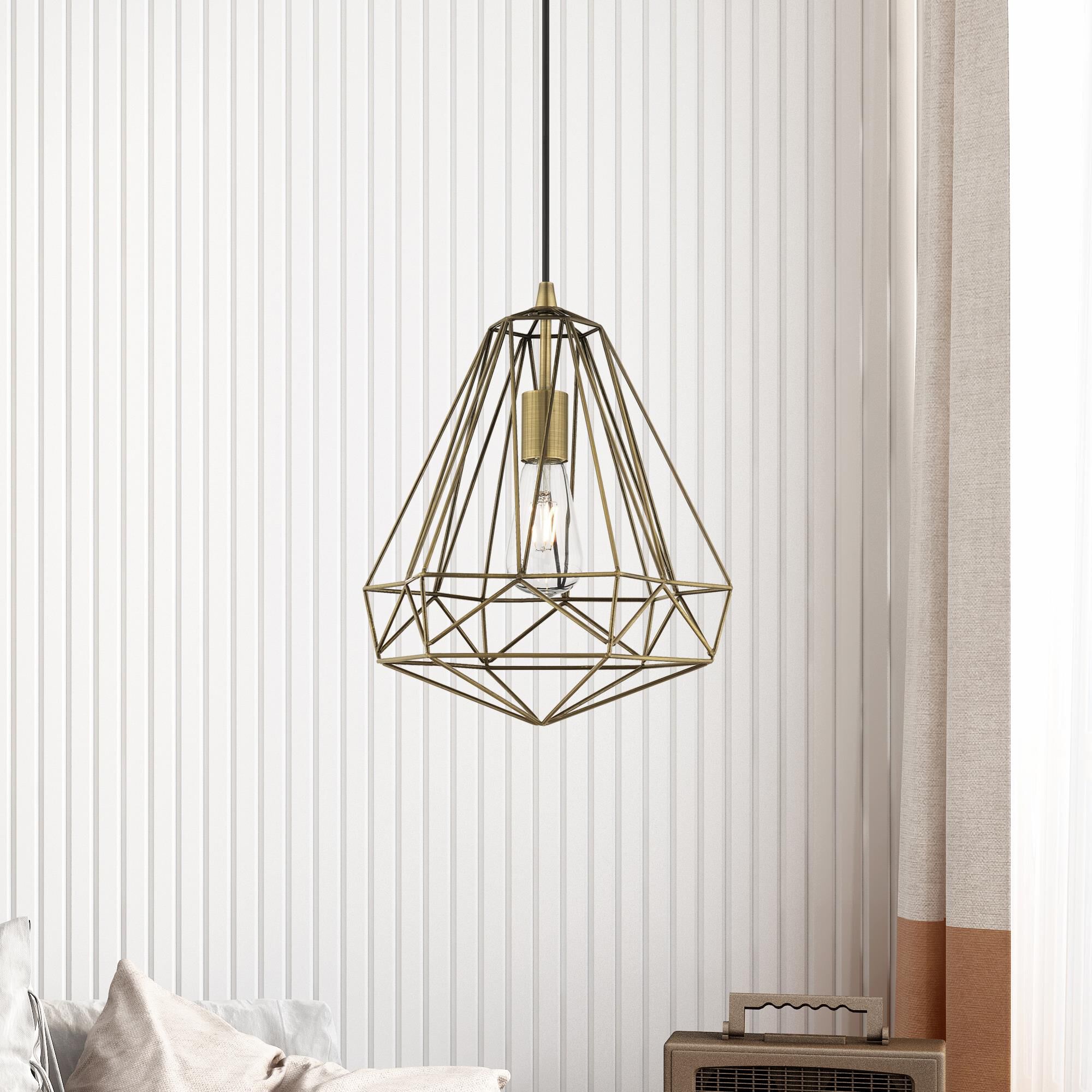 Shown in Antique Brass finish and Antique Brass Geometric Metal shade