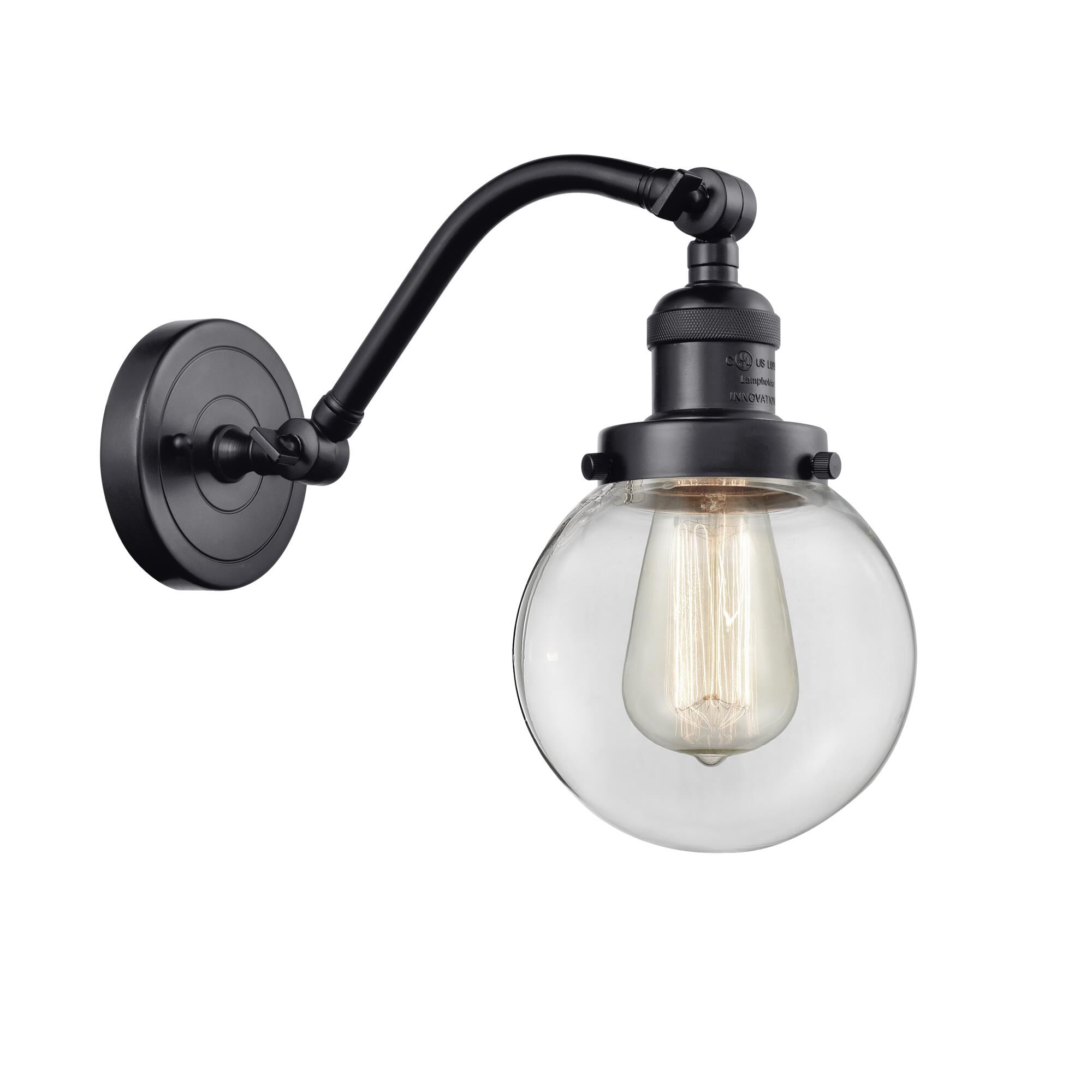 Shown in Matte Black finish and Clear Beacon glass