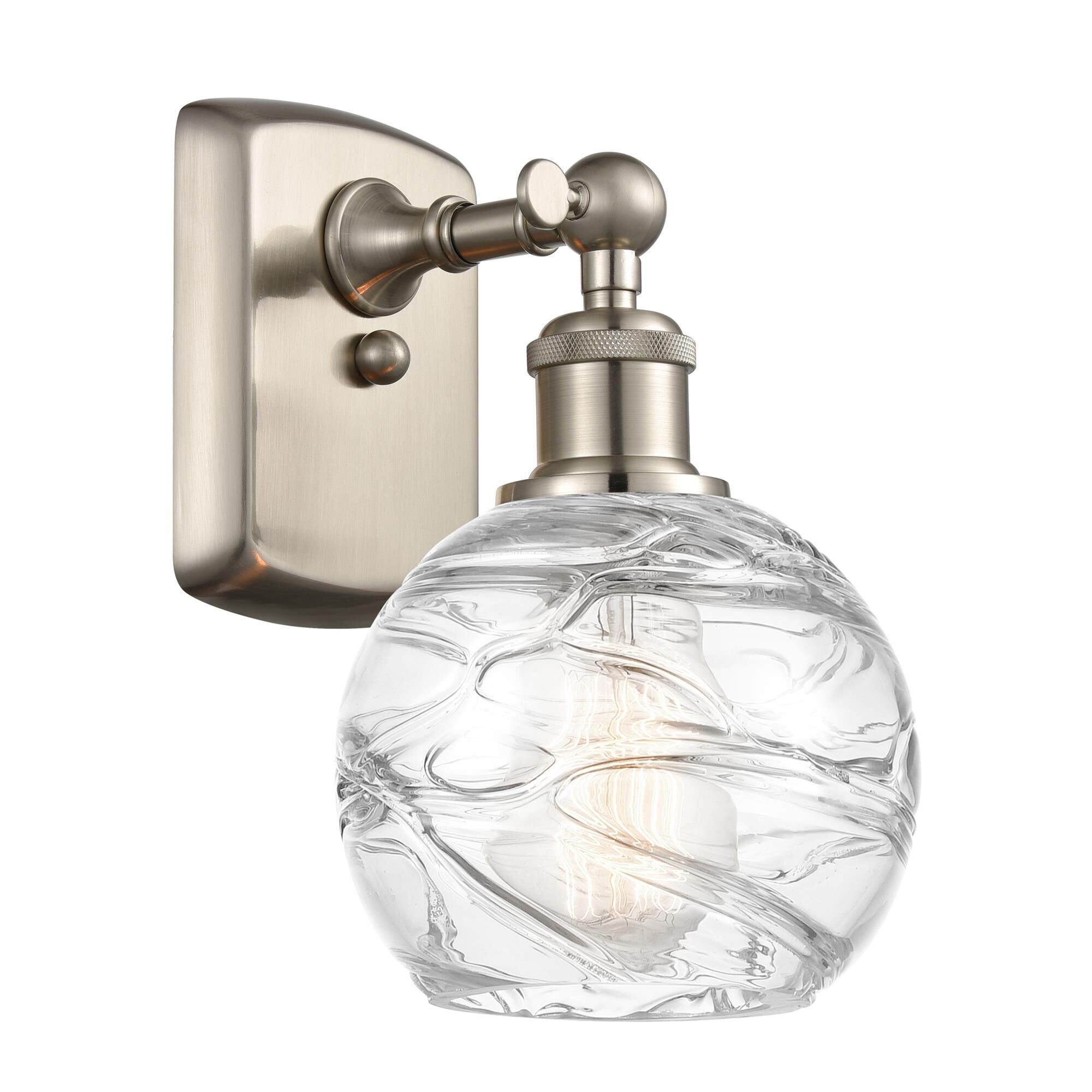 Shown in Brushed Satin Nickel finish and Clear Deco Swirl glass