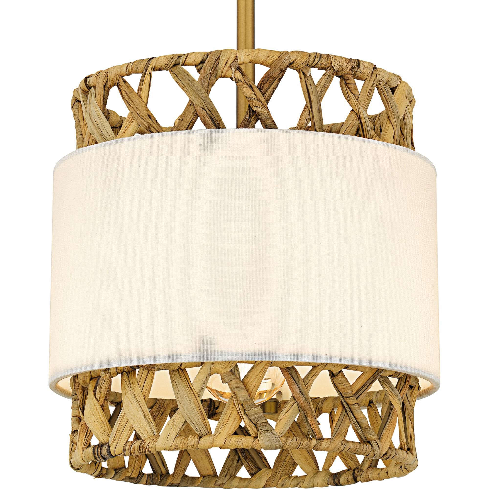 Shown in Brushed Gold finish and White Linen And Rattan shade