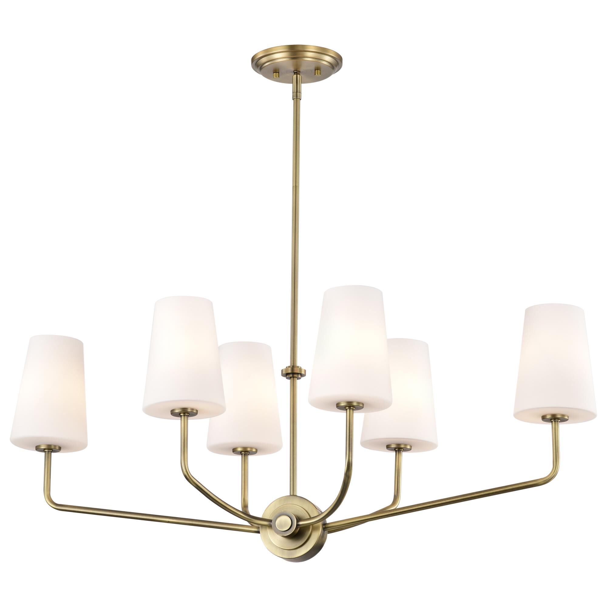 Shown in Vintage Brass finish and Etched White Opal glass and Etched Opal shade