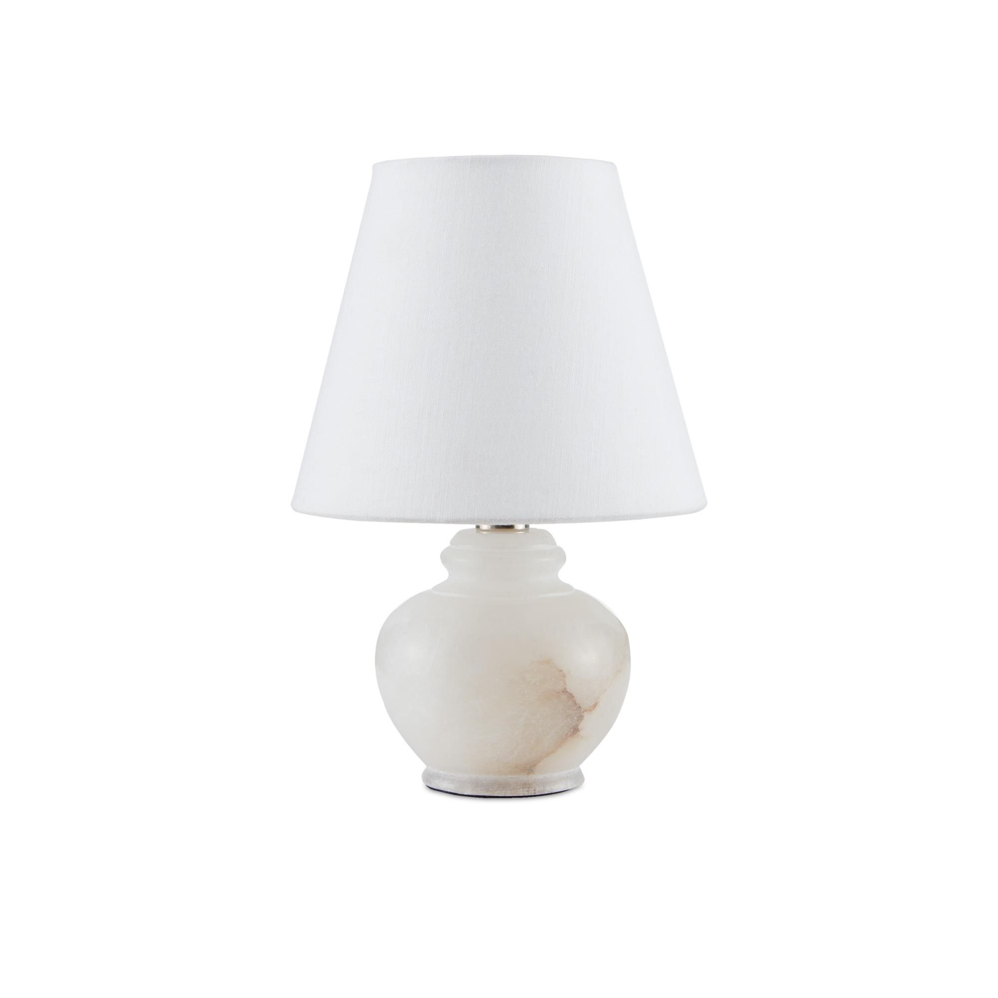 Shown in Natural-Alabaster finish and White Linen shade
