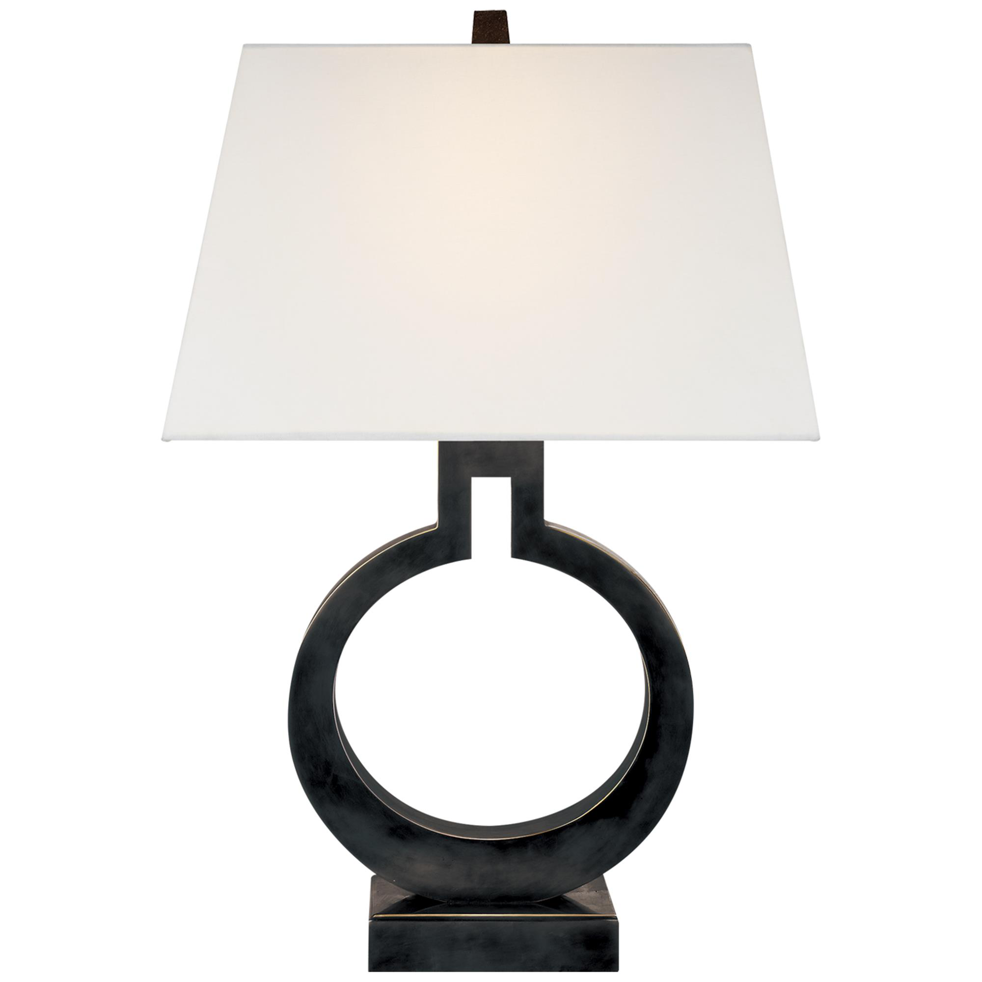 Shown in Bronze finish and Linen Rectangle shade