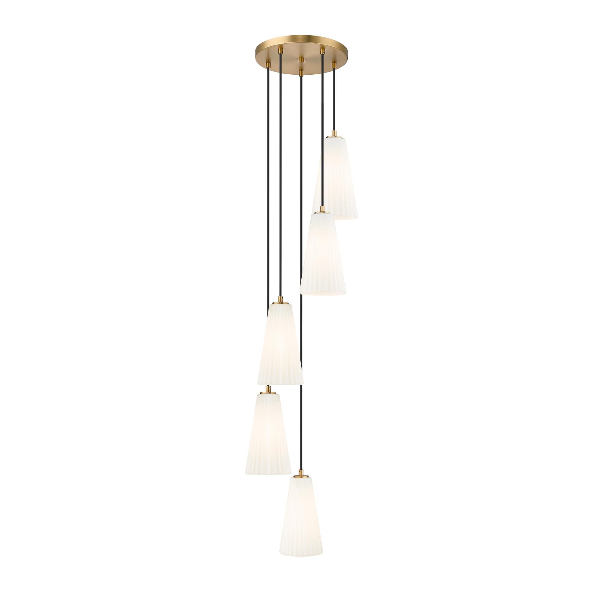 Shown in Modern Gold finish and White glass and White shade