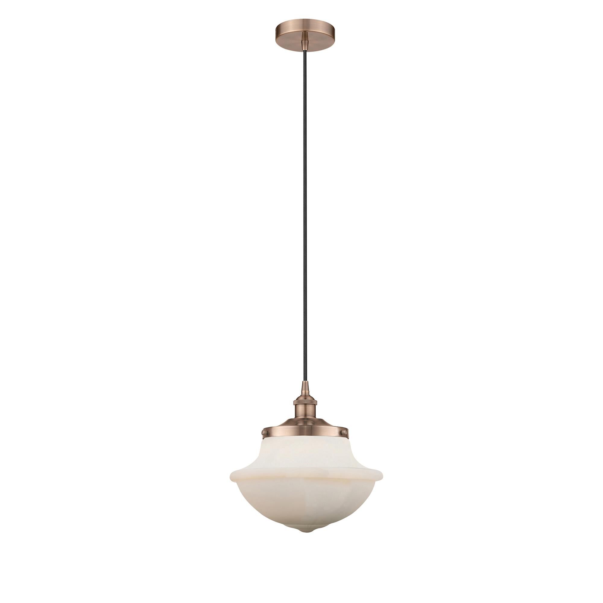 Shown in Antique Copper finish and Matte White glass