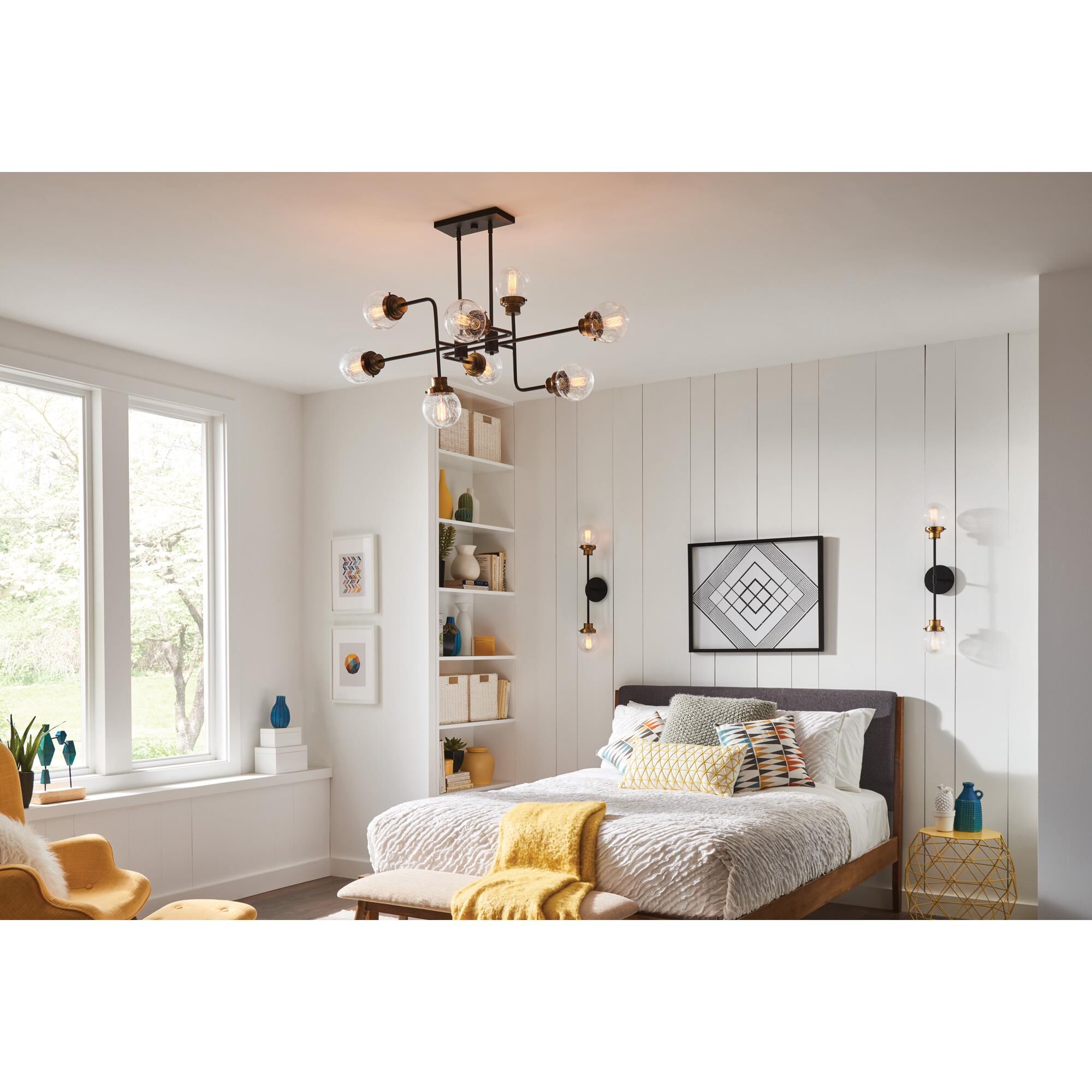 Shown in Black finish and Clear Seedy glass and Heritage Brass accent