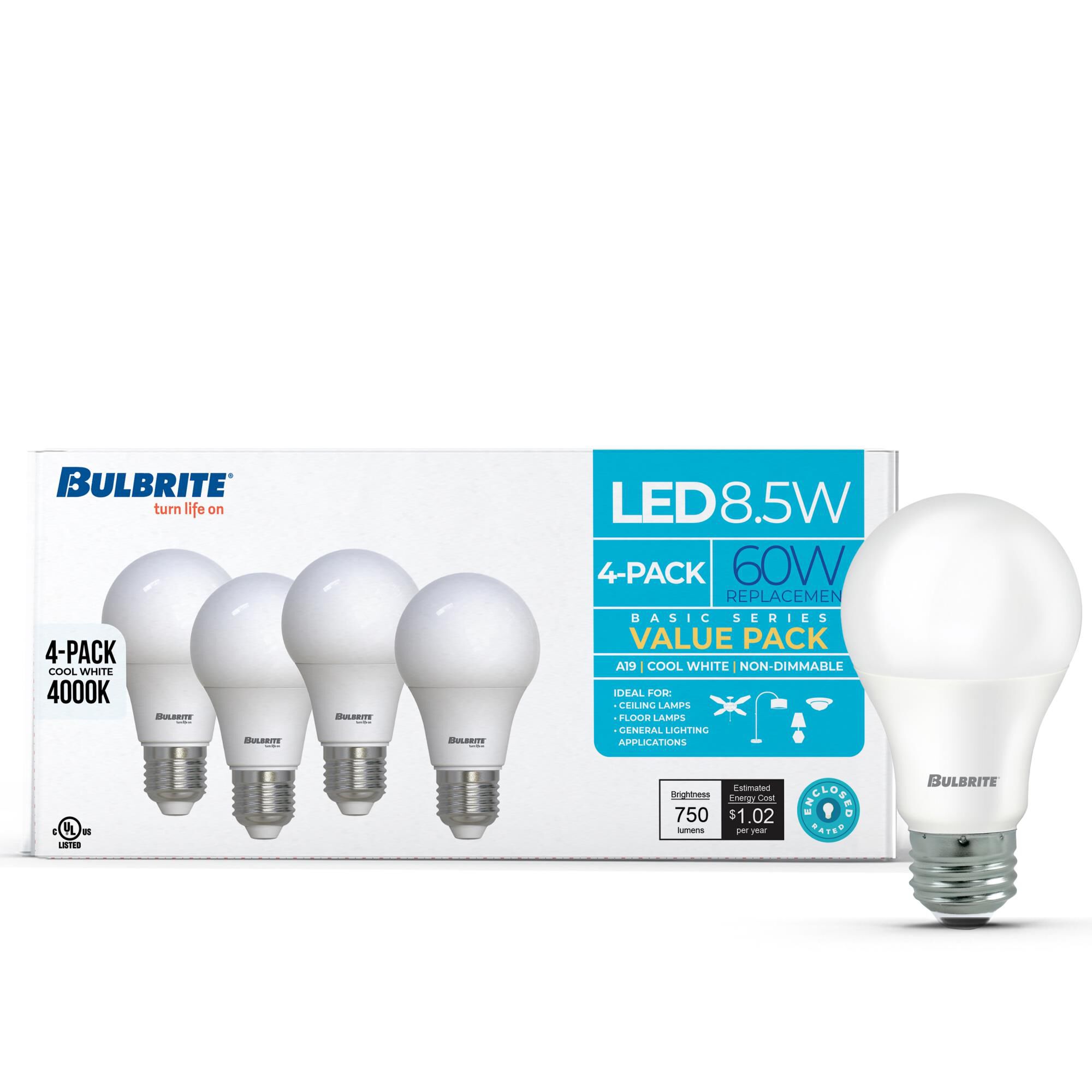 Frost A19 Base E26 4000K LED Light Bulb Pack of 4 by Bulbrite