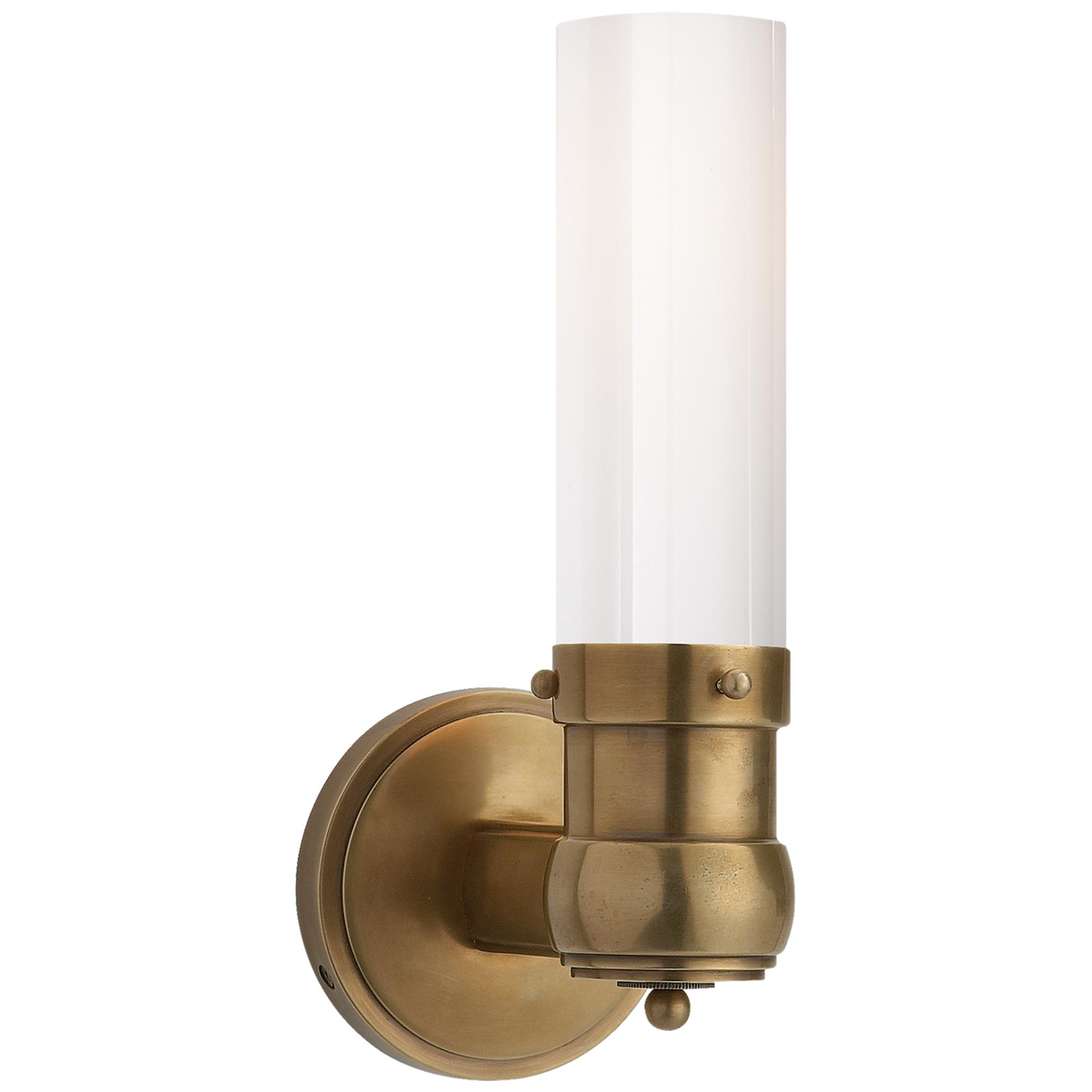 Shown in Hand-Rubbed Antique Brass finish and White glass