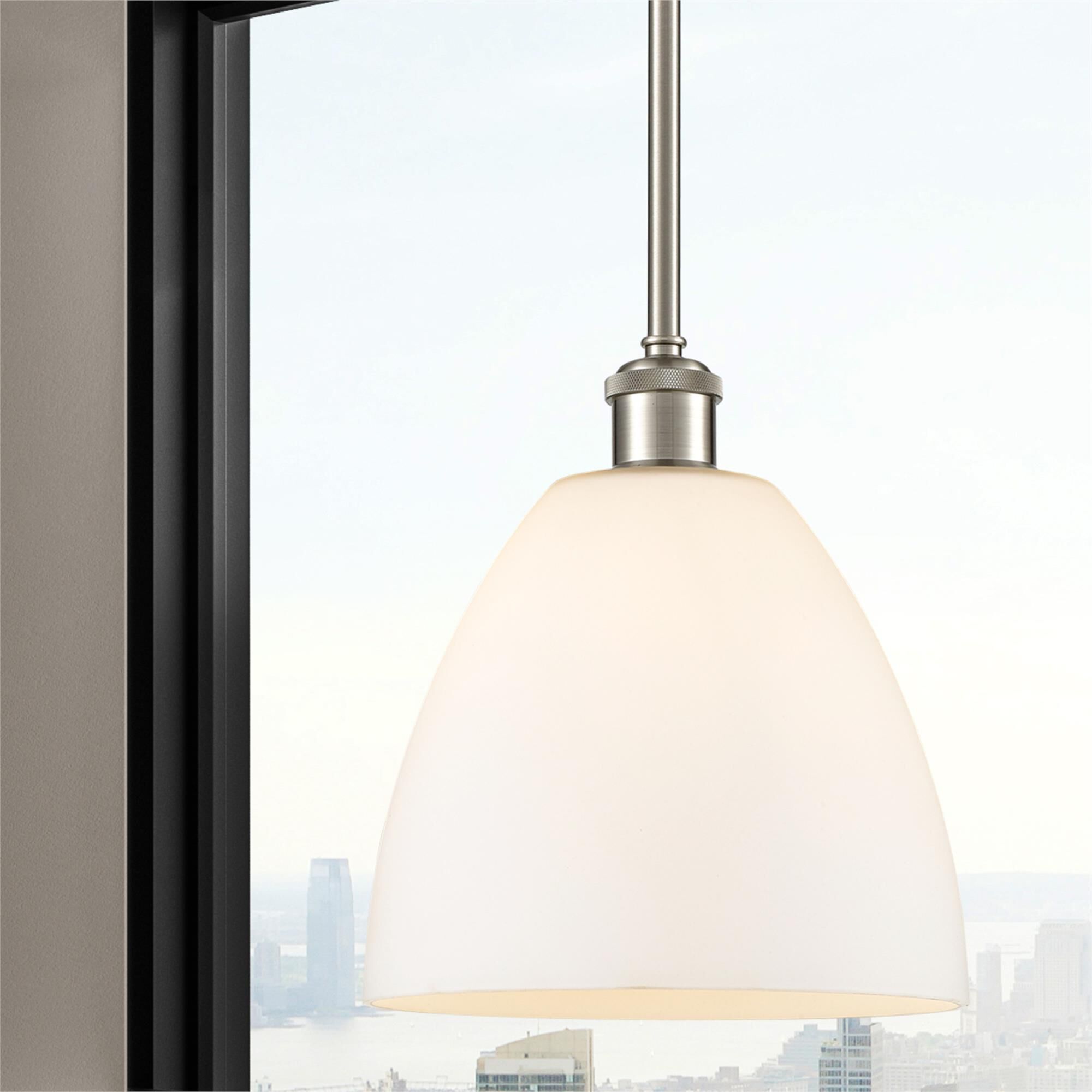Shown in Brushed Satin Nickel finish and Matte White glass