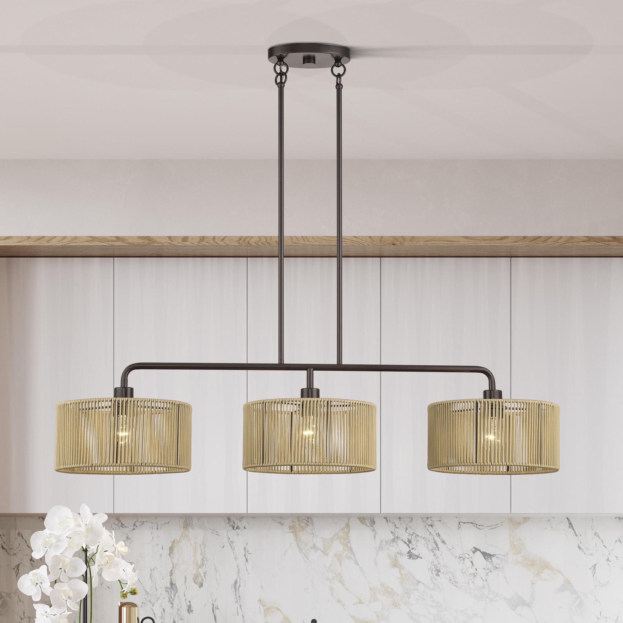 Shown in English Bronze finish and Hand-Woven Venetian Gold Color Polyester Rope shade