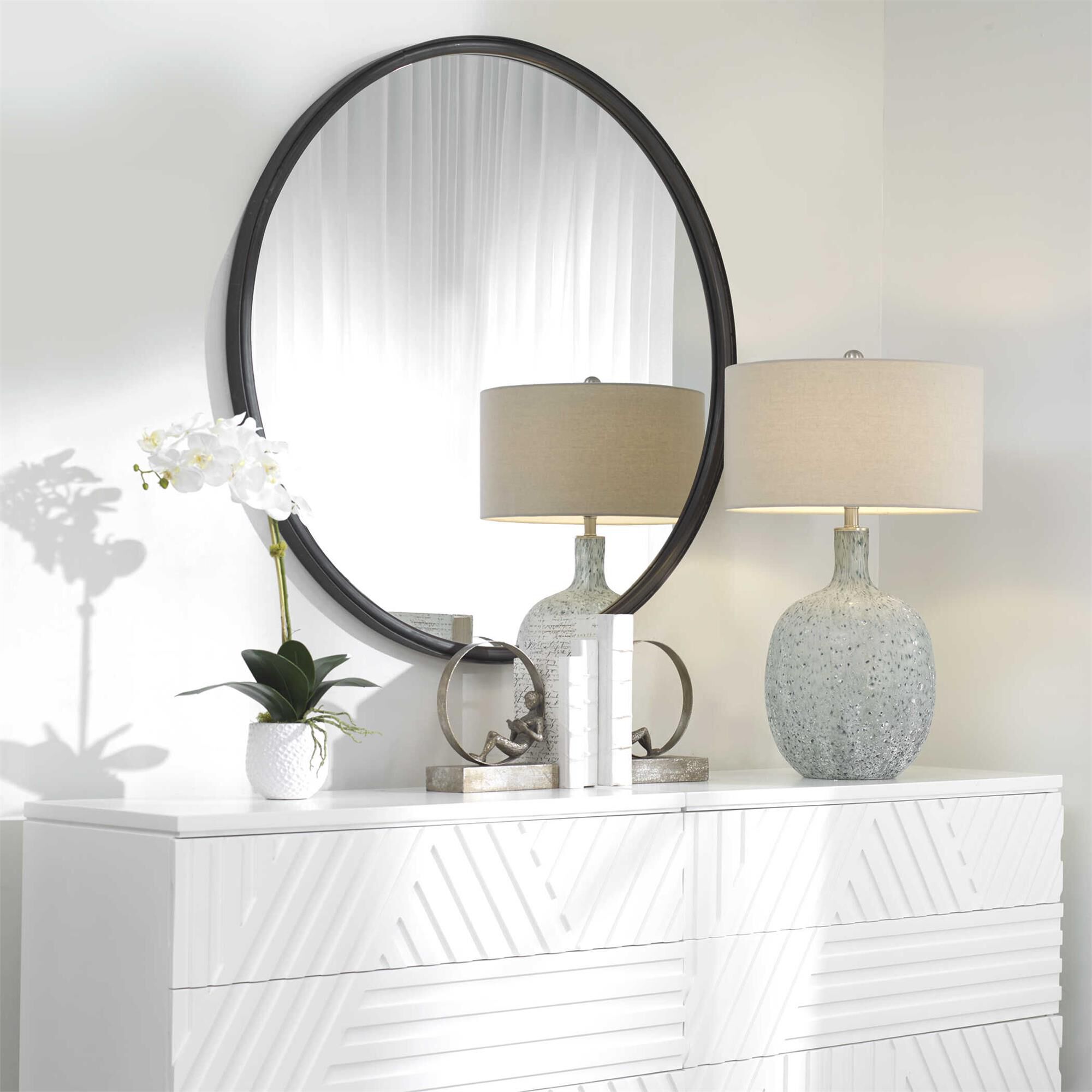 Shown in Smooth Rounded Frame Encased In A Thick Iron Band Finished In An Aged Black With Subtle Gray Highlig finish
