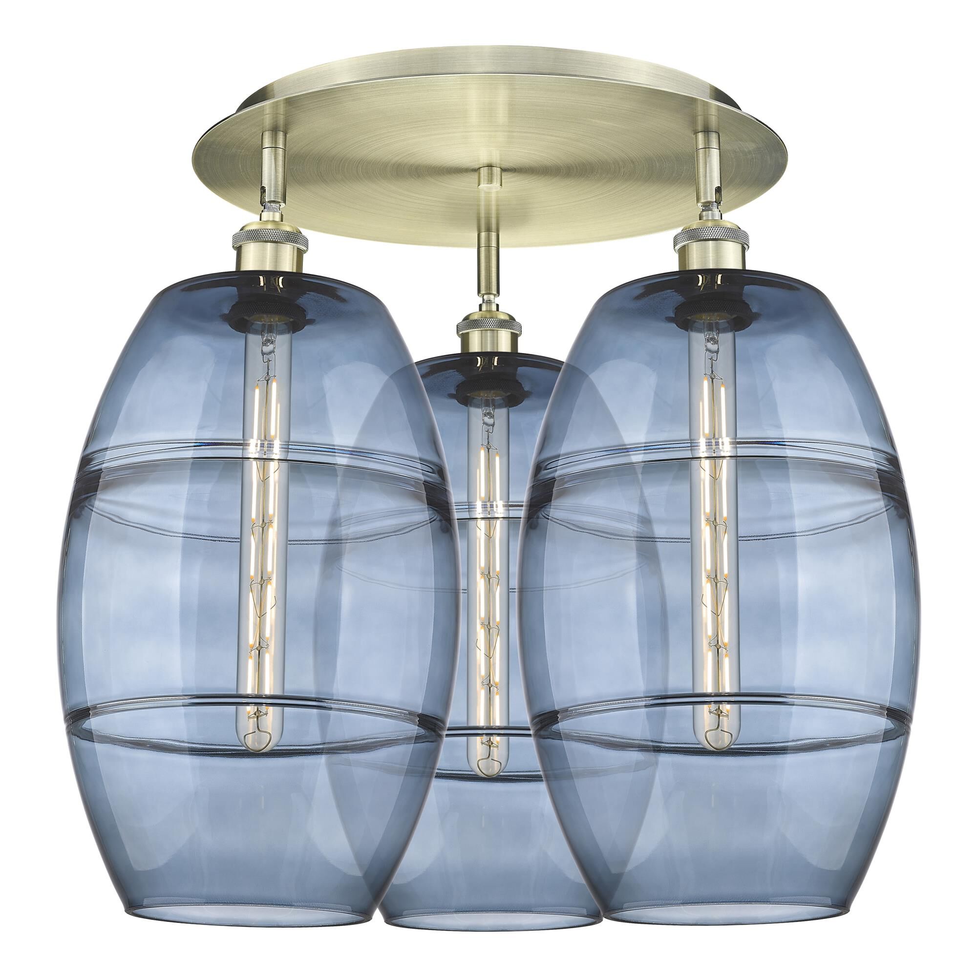 Shown in Antique Brass finish and Princess Blue glass