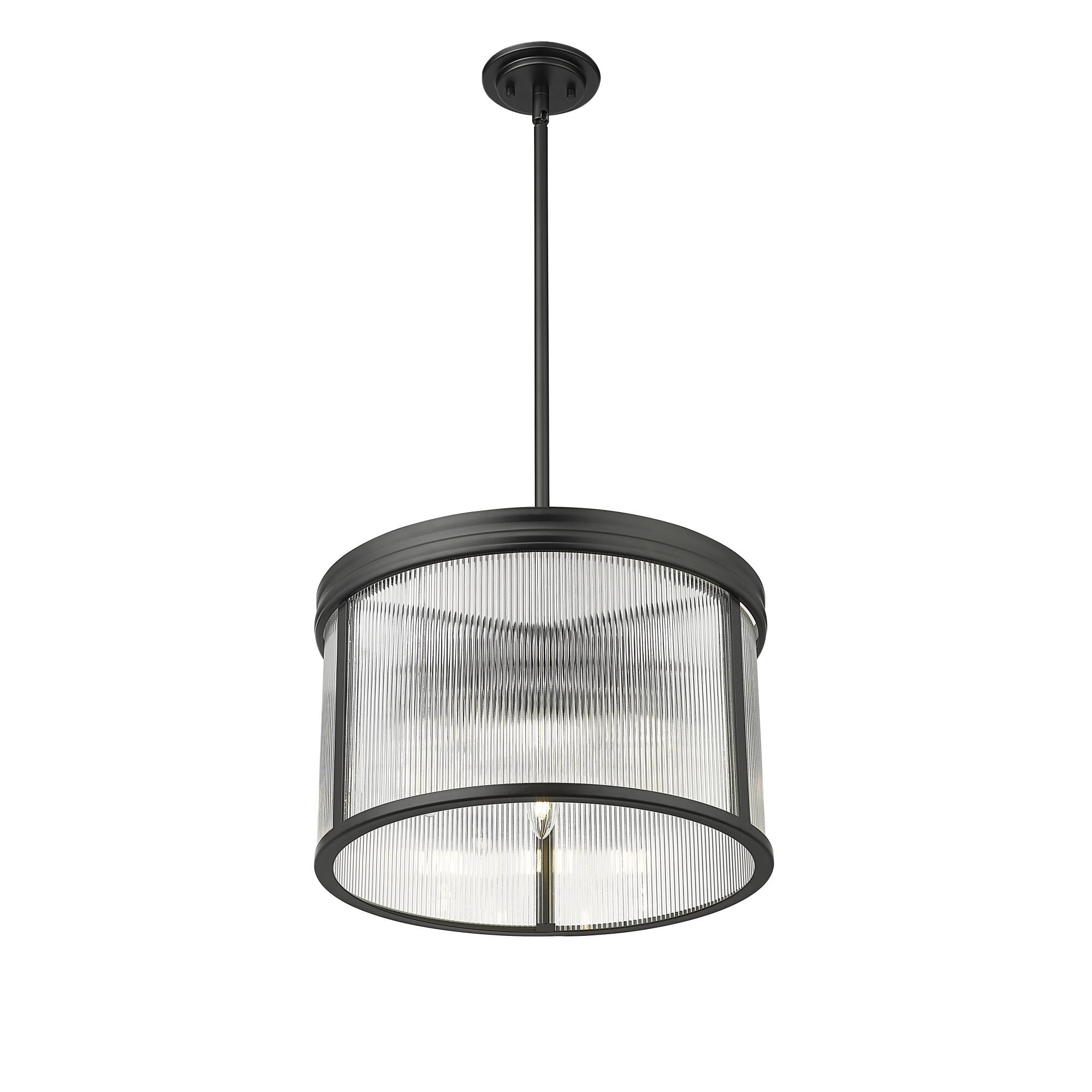 Shown in Matte Black finish and Clear Ribbed glass and Clear Ribbed shade