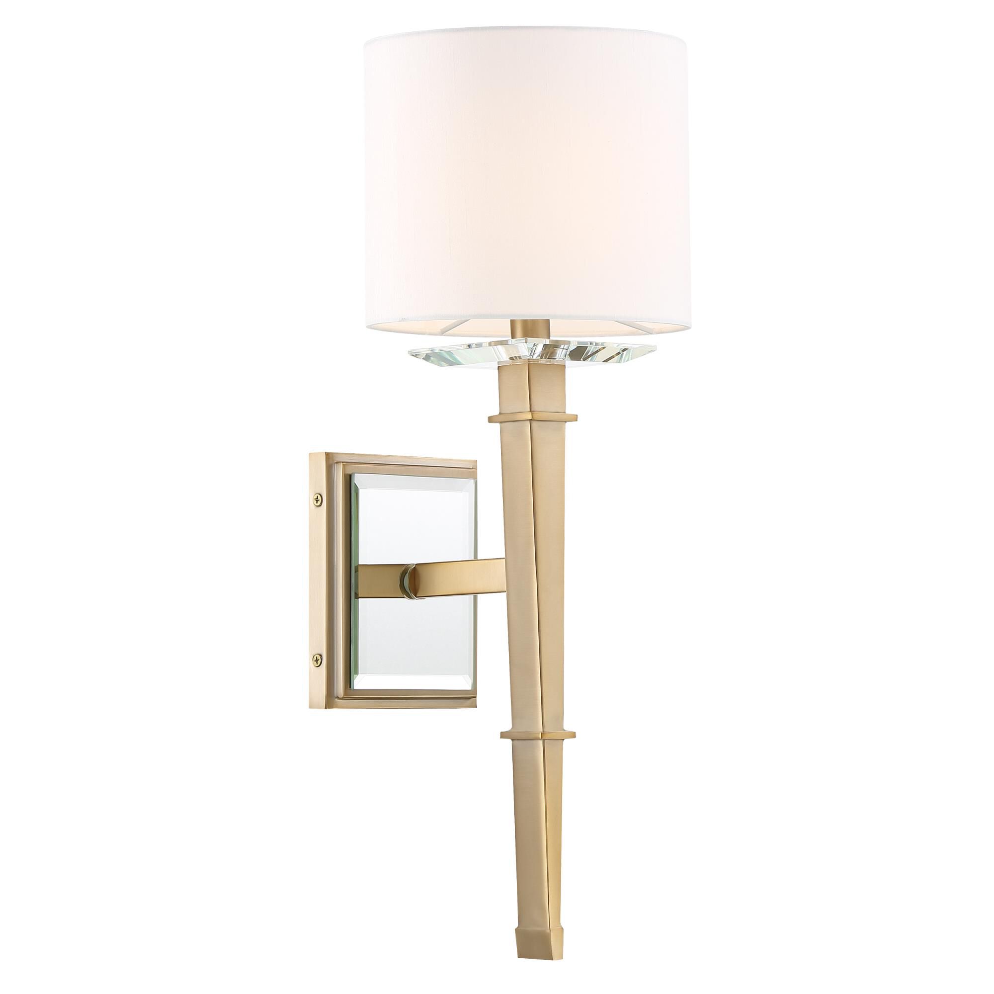 Shown in Aged Brass finish and Optical Glass Elements crystal and White Silk glass and White Silk shade