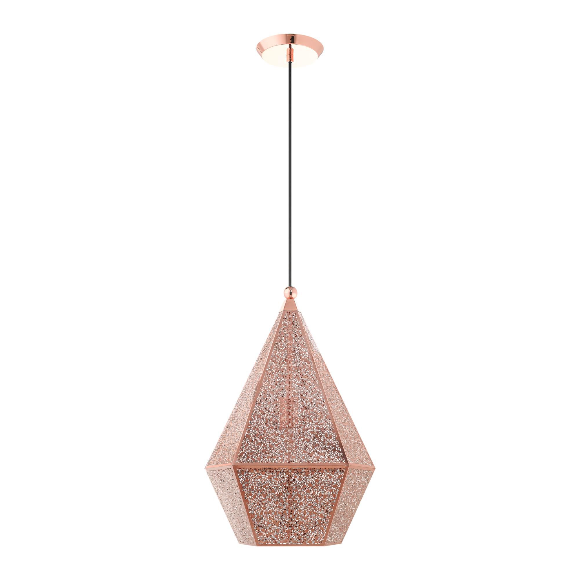 Shown in Rose Gold finish and Rose Gold Filigreed Metal Shade glass and Rose Gold Filigreed Metal shade
