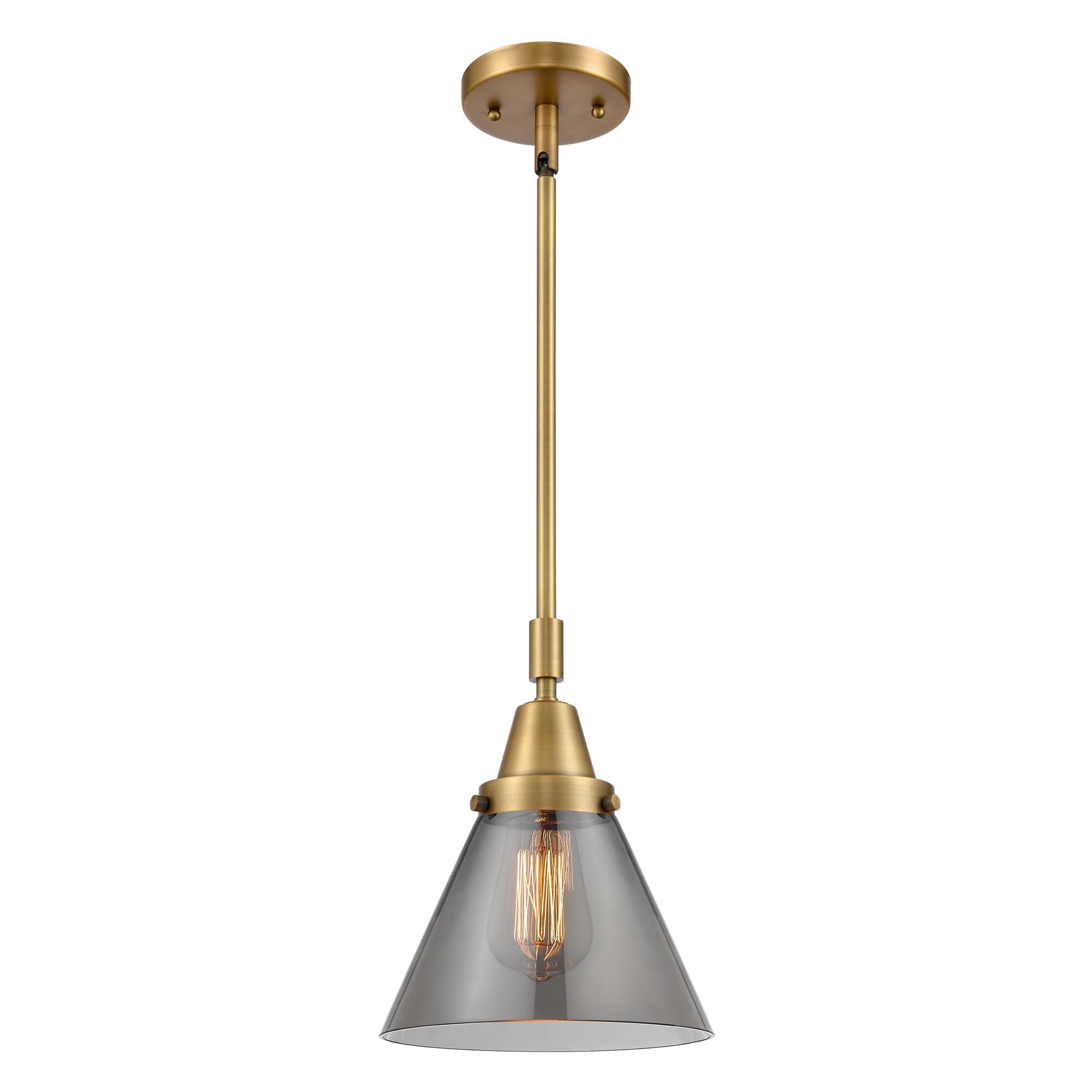 Shown in Brushed Brass finish and Plated Smoke Large Cone glass