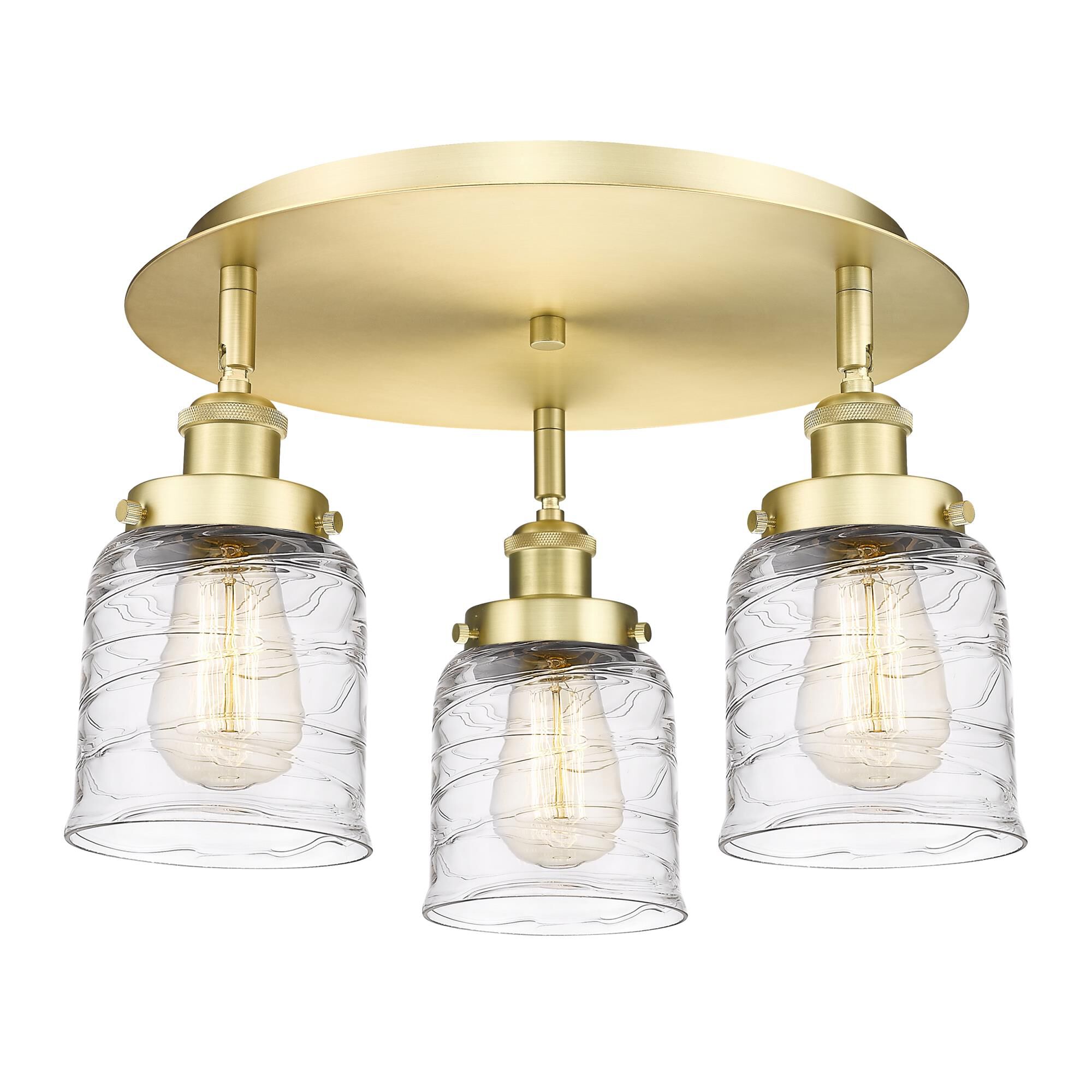 Shown in Satin Gold finish and Clear Deco Swirl glass