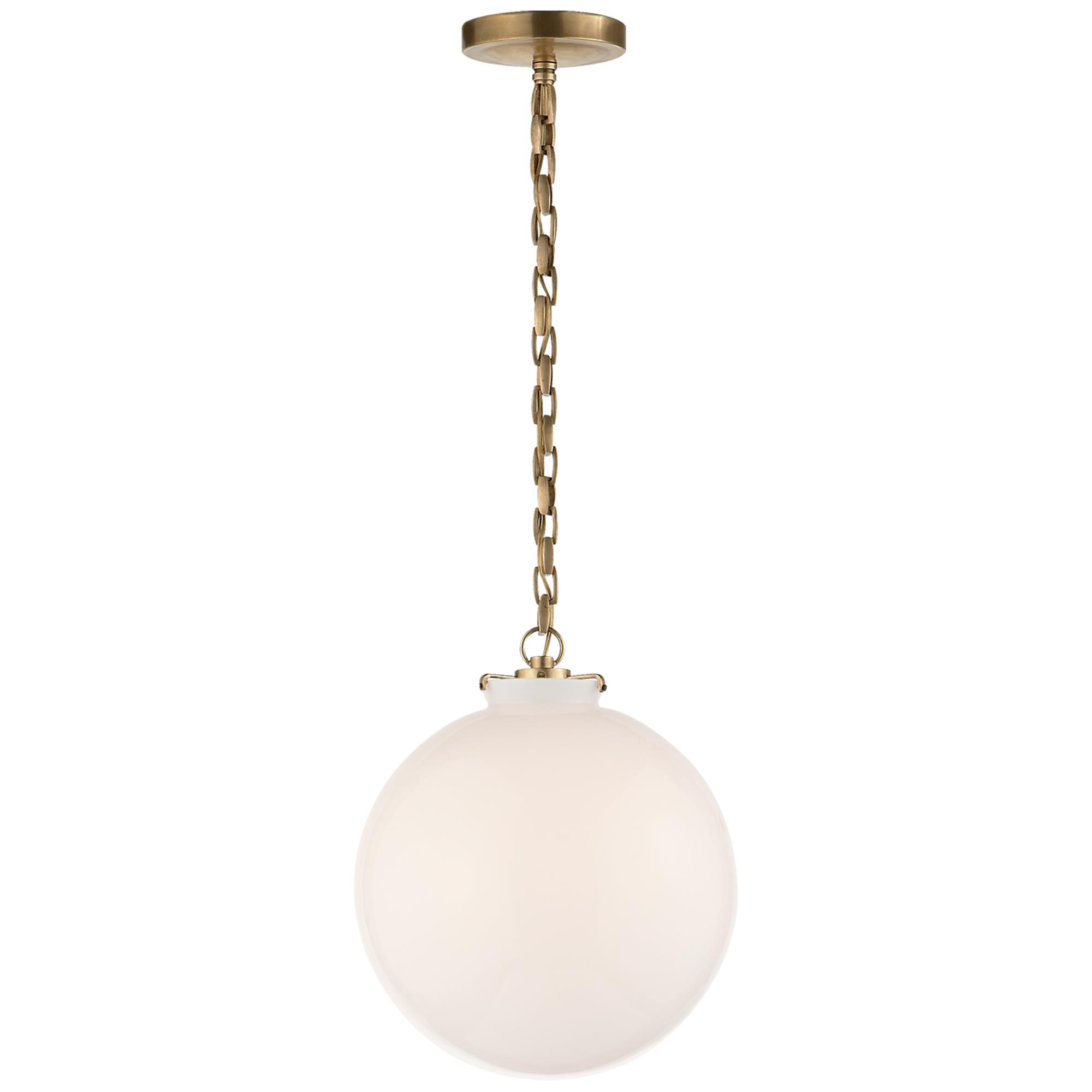 Shown in Hand-Rubbed Antique Brass finish and White glass