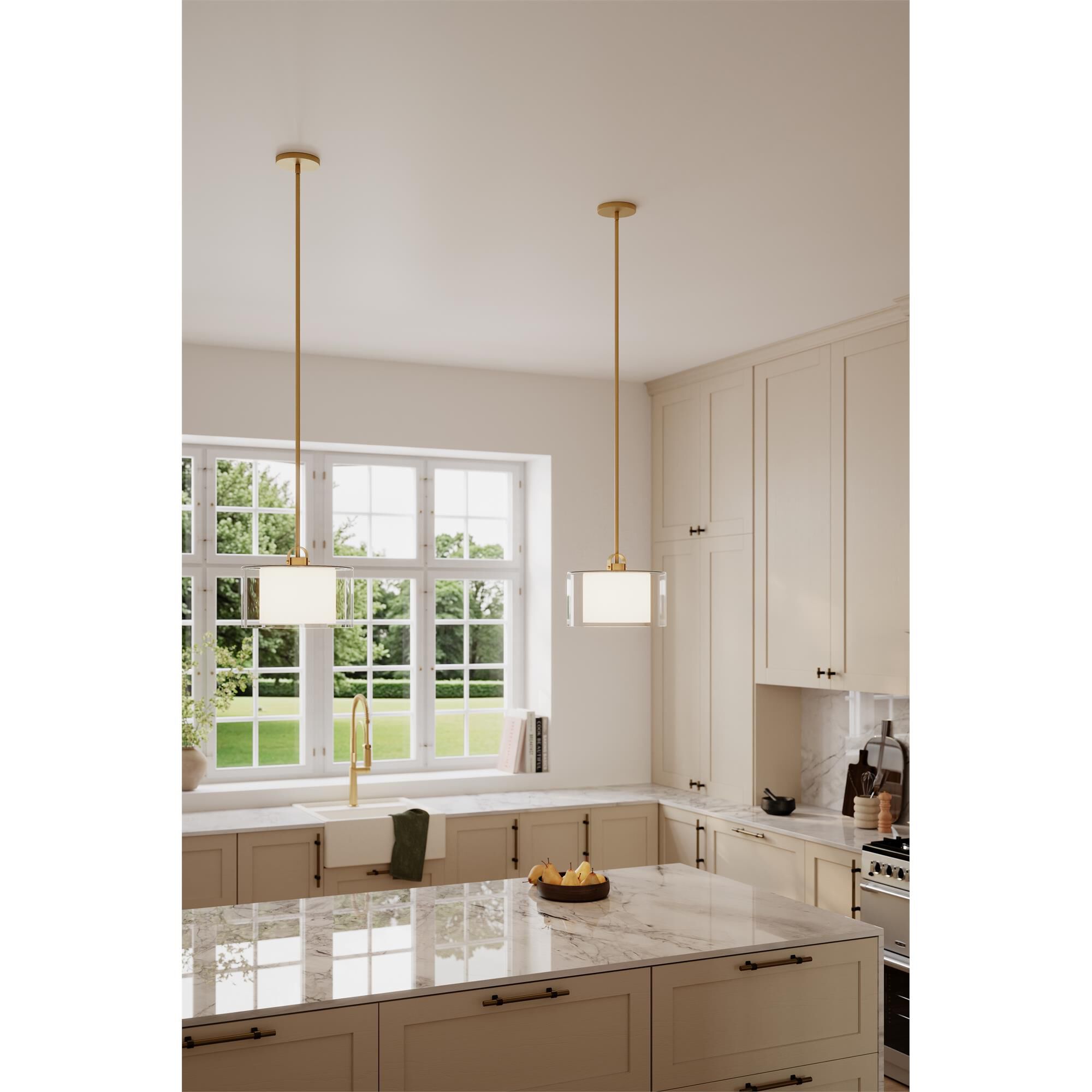 Shown in Legacy Brass finish and Clear and Etched Opal glass