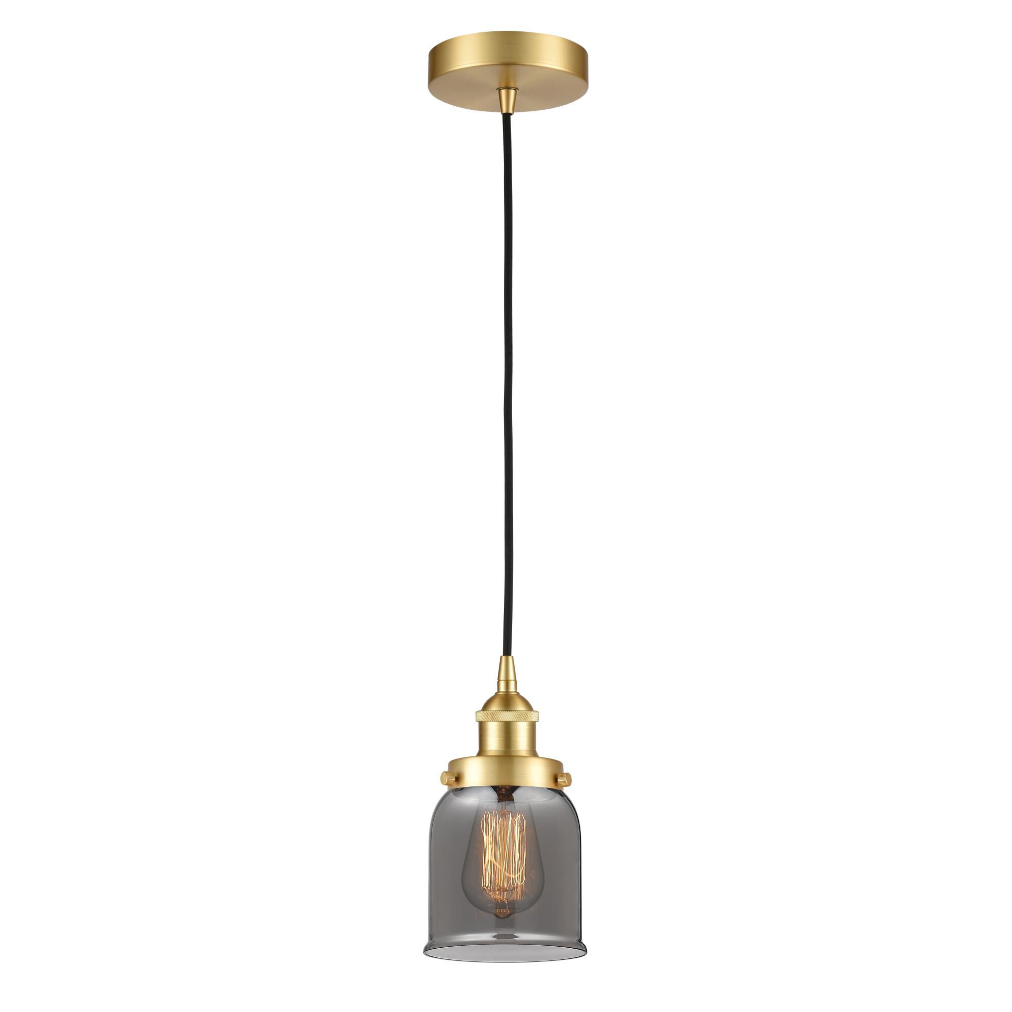 Shown in Satin Gold finish and Plated Smoke Small Bell glass