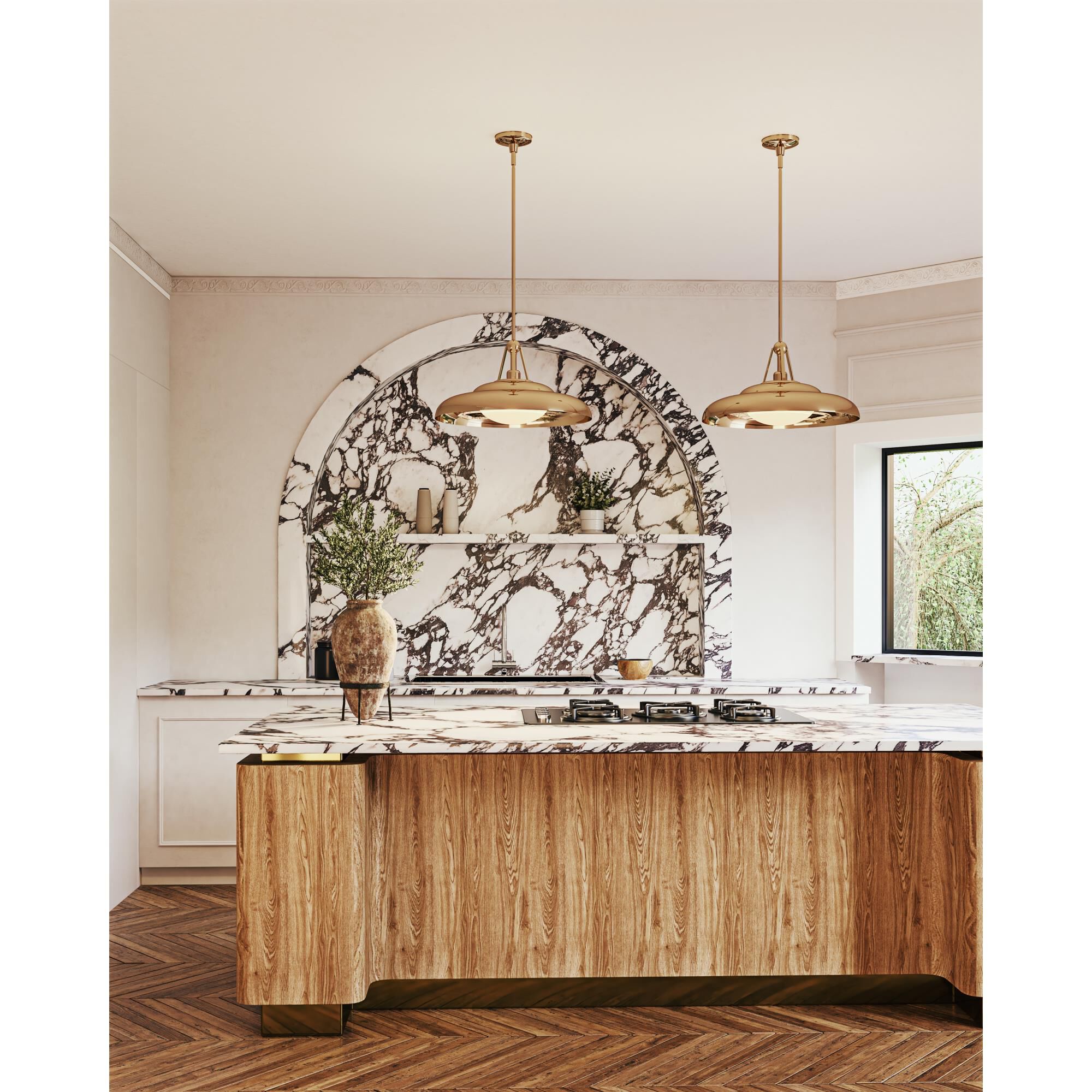 Shown in Polished Brass/Glossy Opal Glass finish and Glossy Opal glass and Steel Spun shade