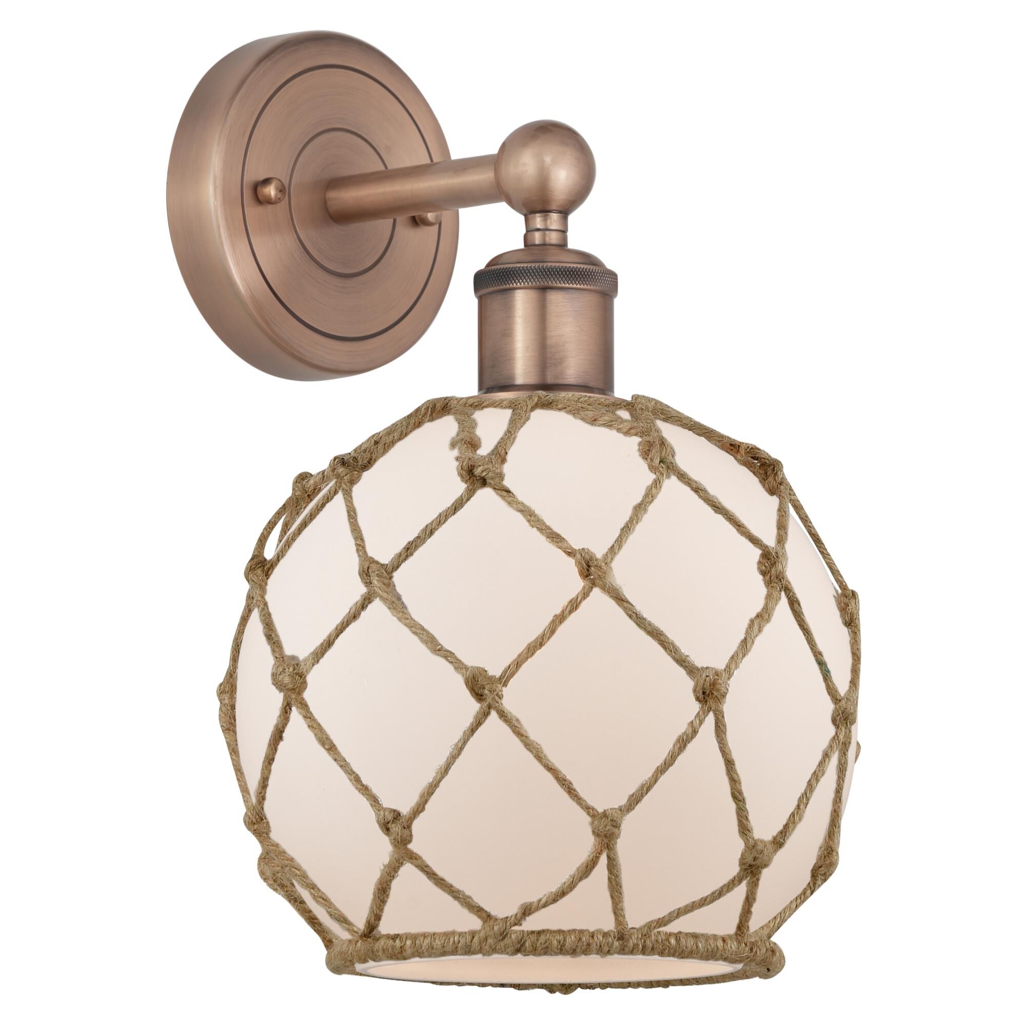 Shown in Antique Copper finish and White with Brown Rope glass
