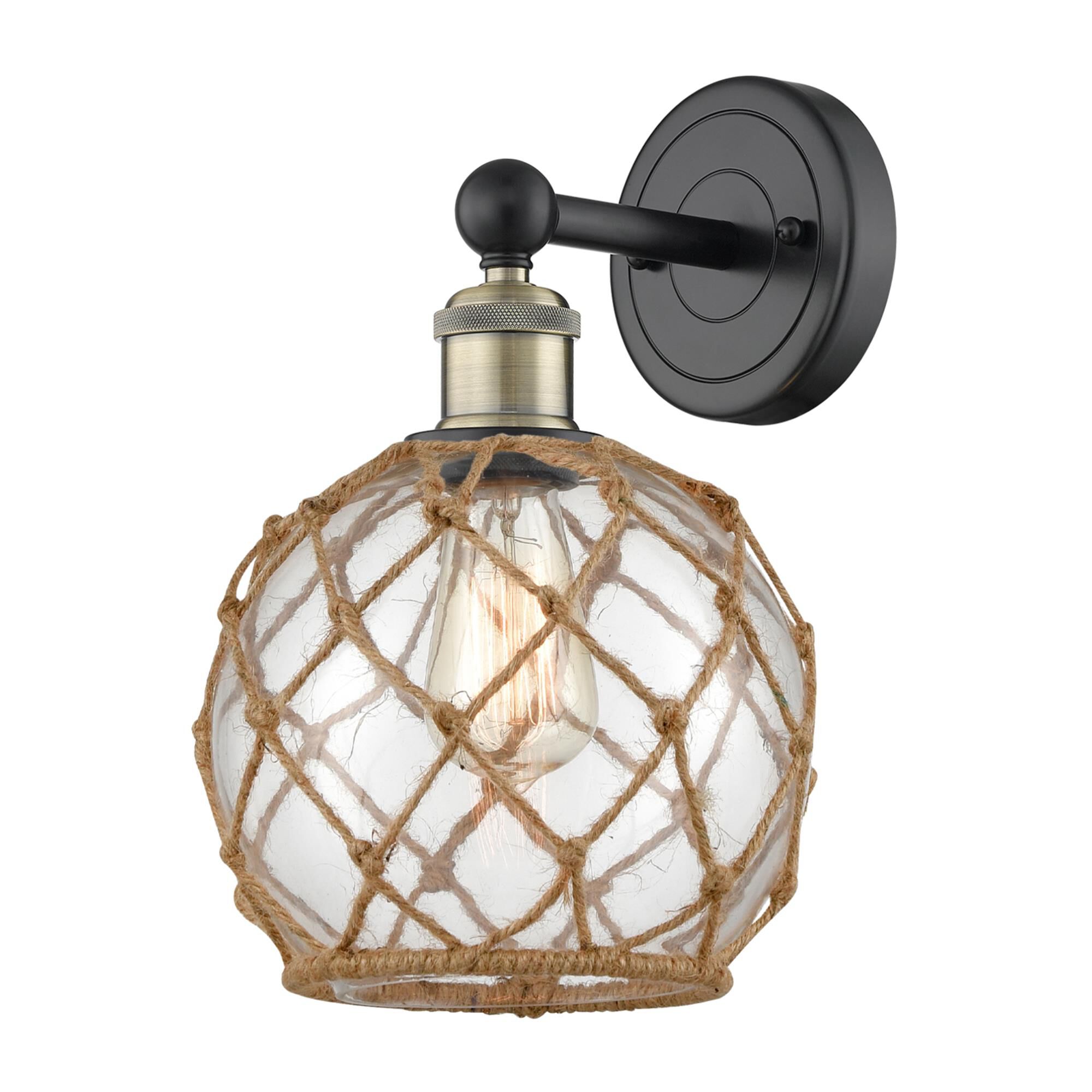 Shown in Black Antique Brass finish and Clear with Brown Rope glass