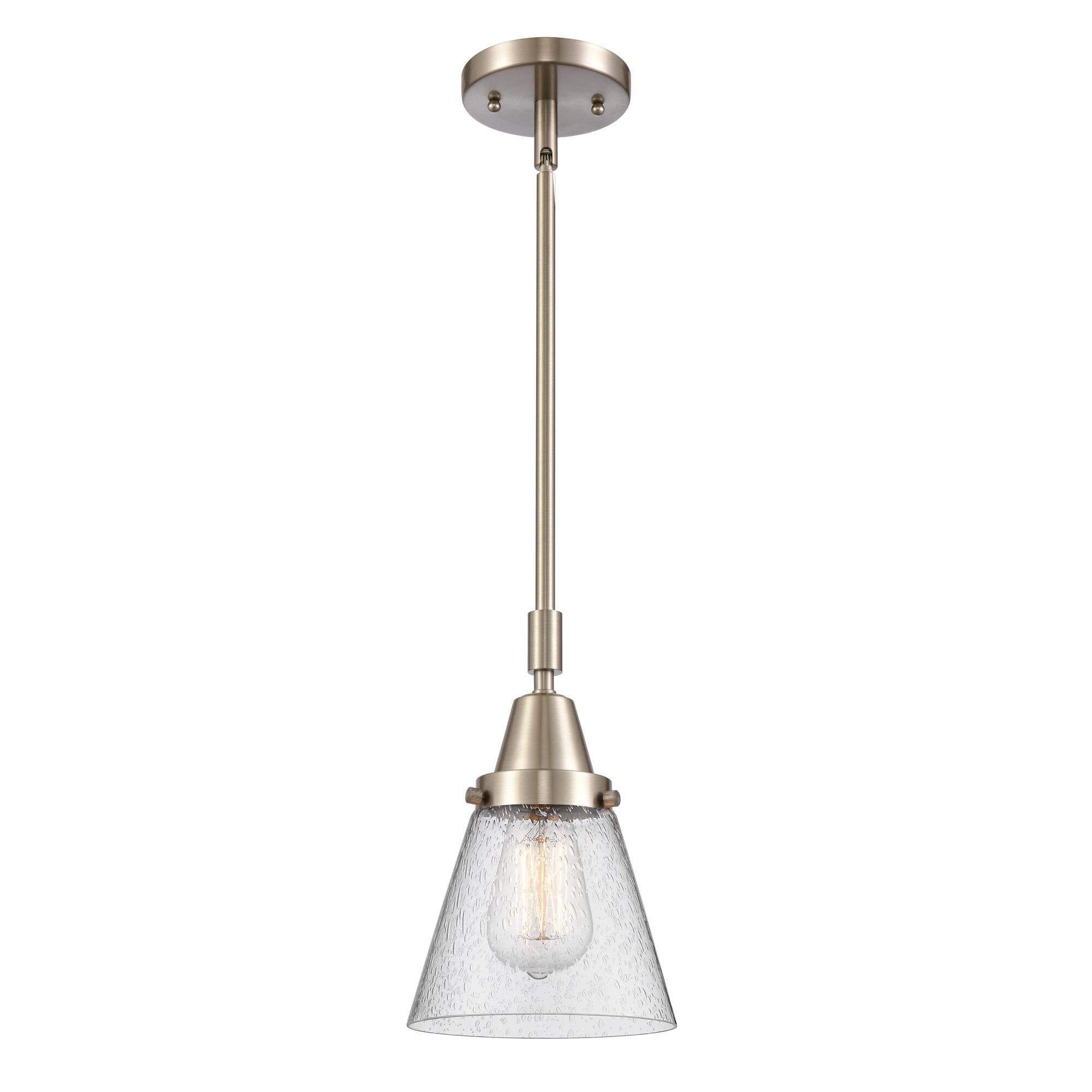 Shown in Brushed Satin Nickel finish and Seedy Small Cone glass
