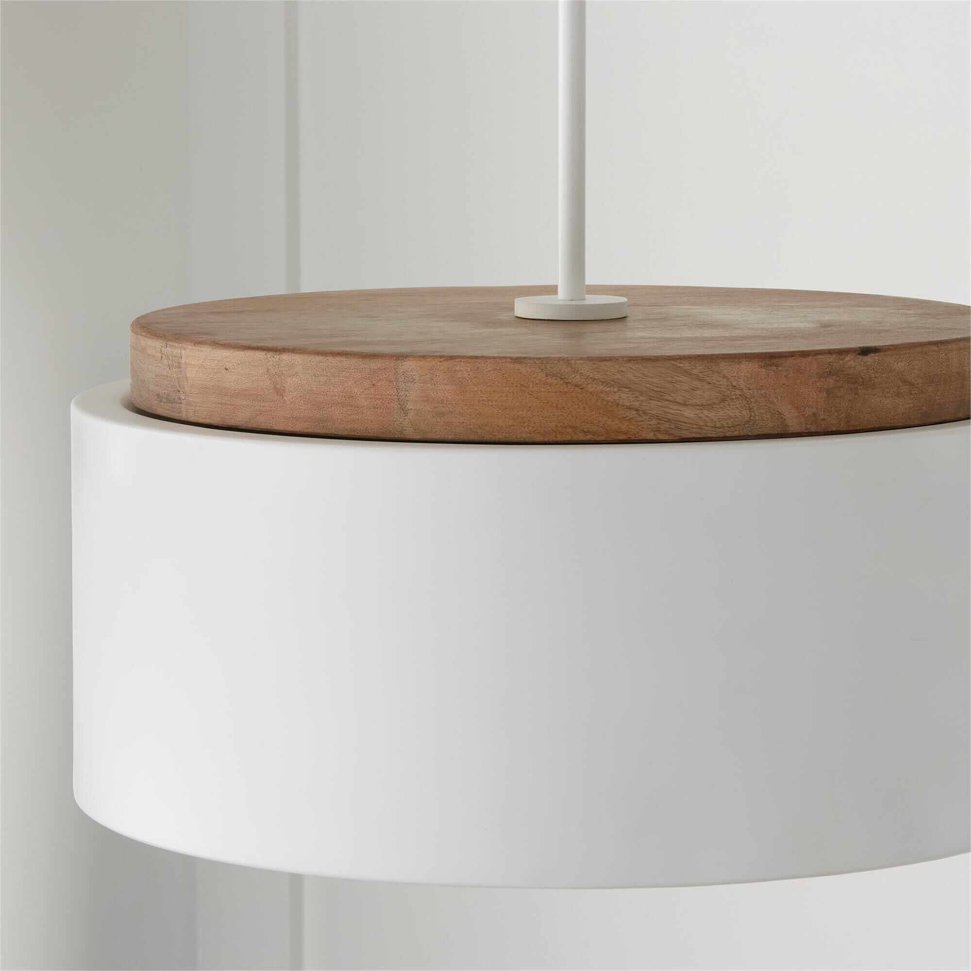 Shown in Light Wood And White finish and Soft White  Orb glass and Matte White Metal shade