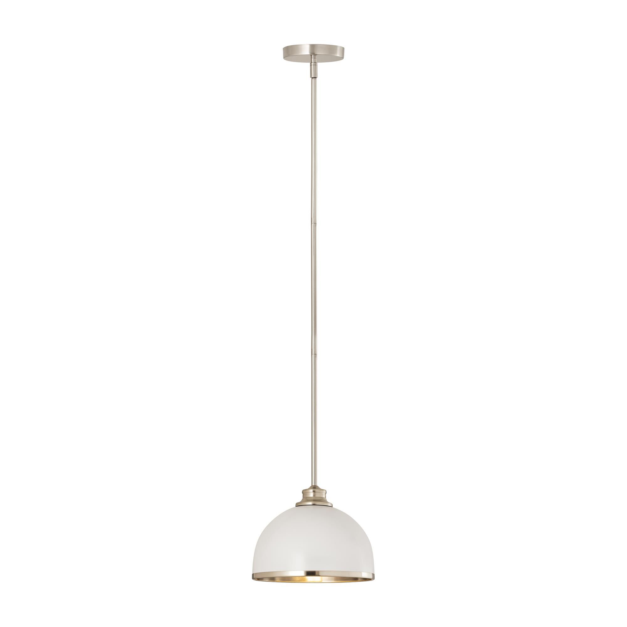 Shown in Matte White And Brushed Nickel finish and Stainless Steel glass and Stainless Steel shade