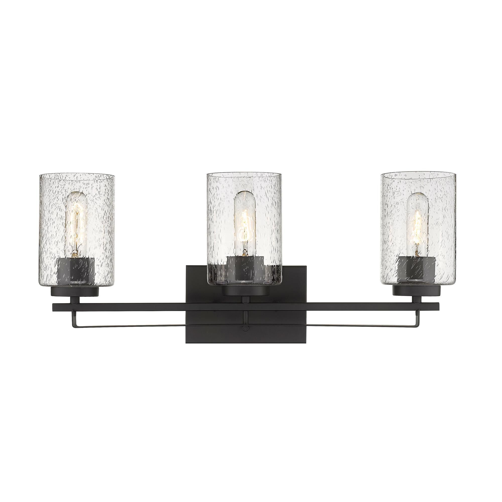 Shown in Oil-Rubbed Bronze finish and Clear glass and Clear, Seeded Cylindrical Glass s shade