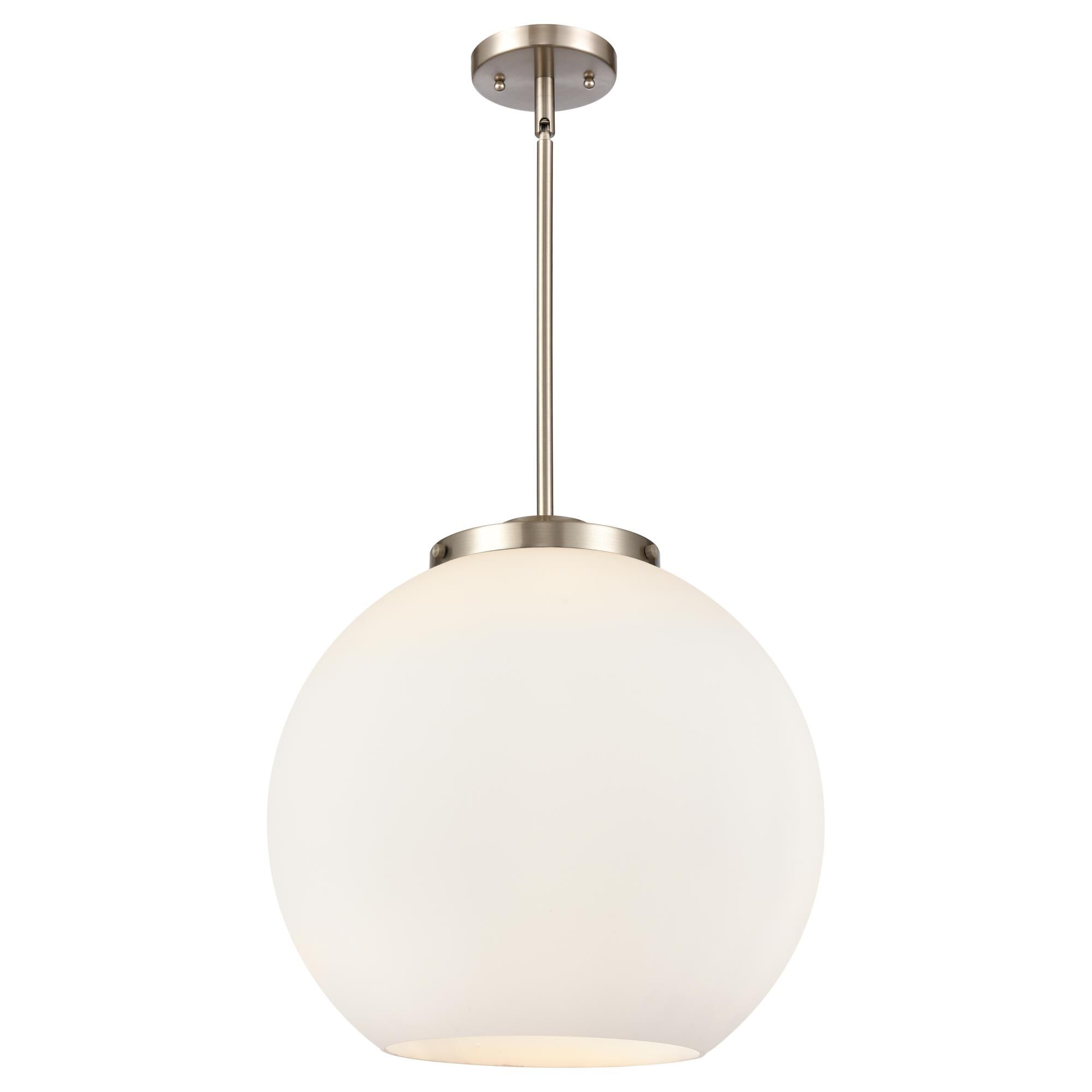 Shown in Brushed Satin Nickel finish and Matte White glass