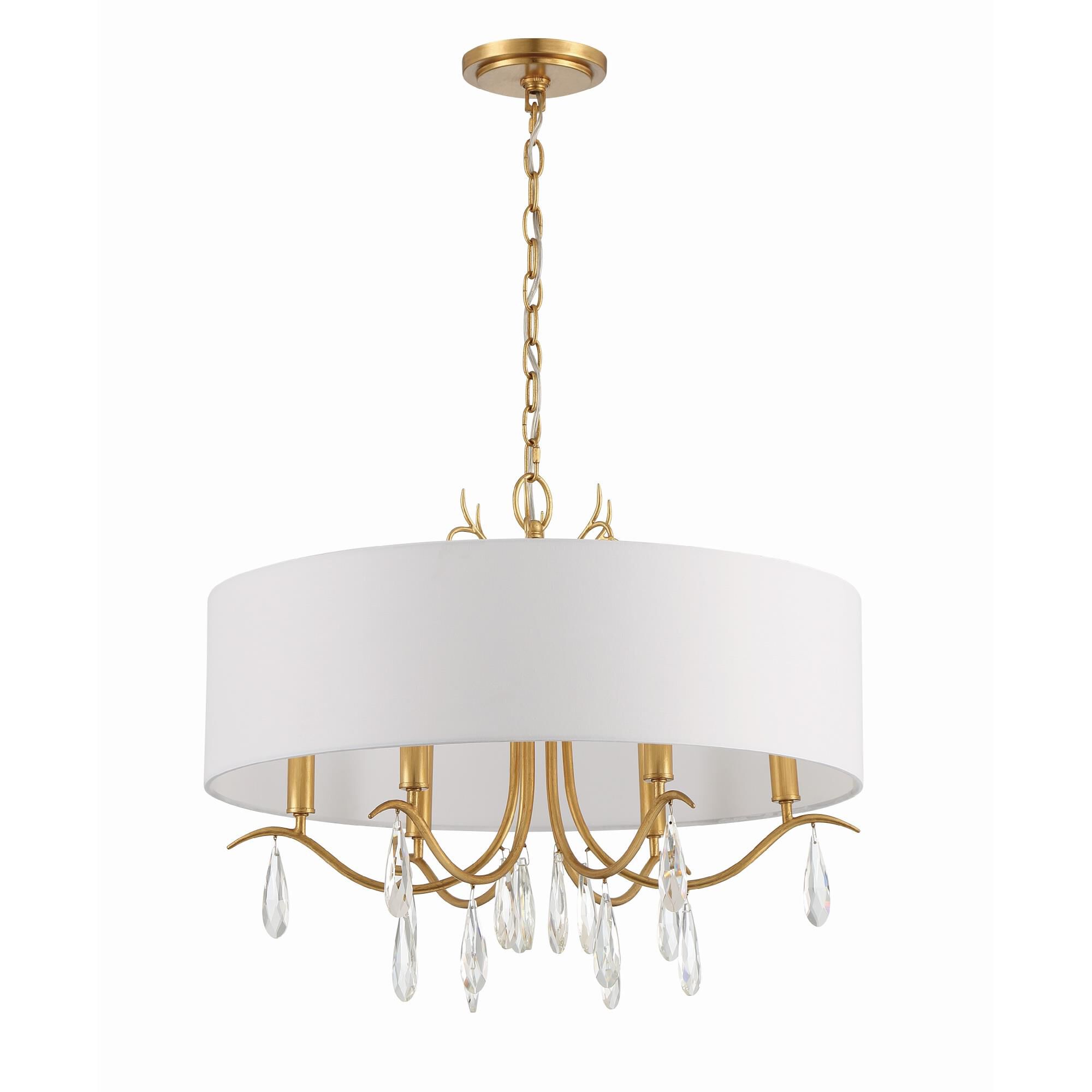 Shown in Antique Gold finish and Hand Cut crystal and Silk glass and Silk shade