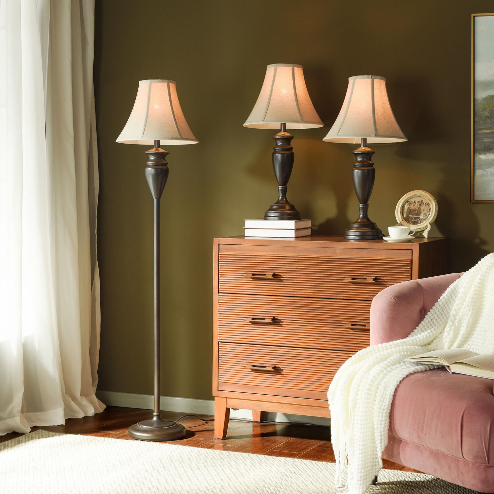 Shown in Dark Bronze finish and White Softback Fabric shade