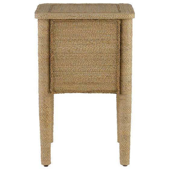 Woven rattan end table with textured body and legs.