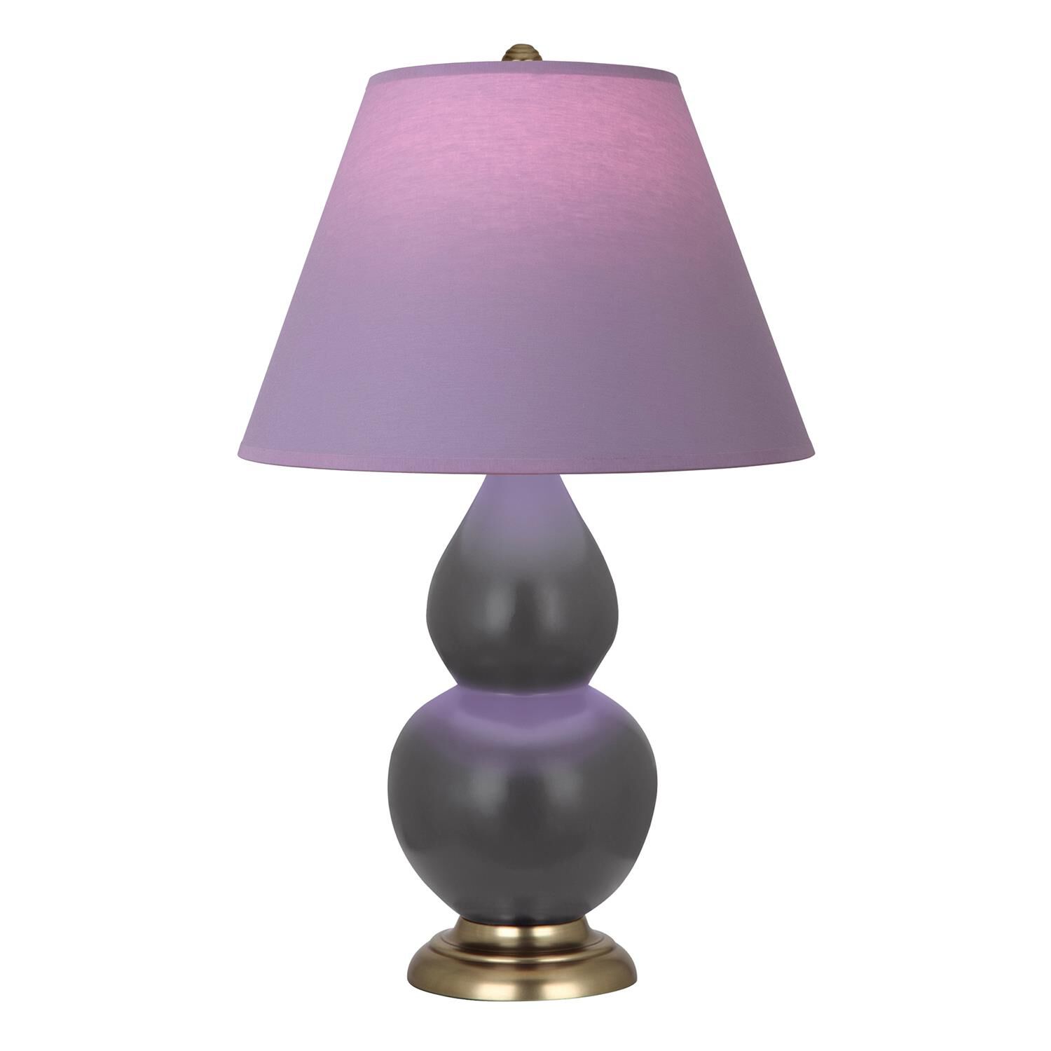 Shown in Matte Ash finish and Lavender and Plum shade and Antique Brass accent
