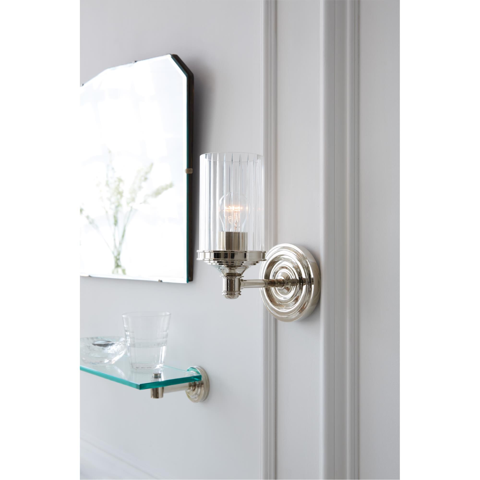 Shown in Polished Nickel finish and Crystal glass