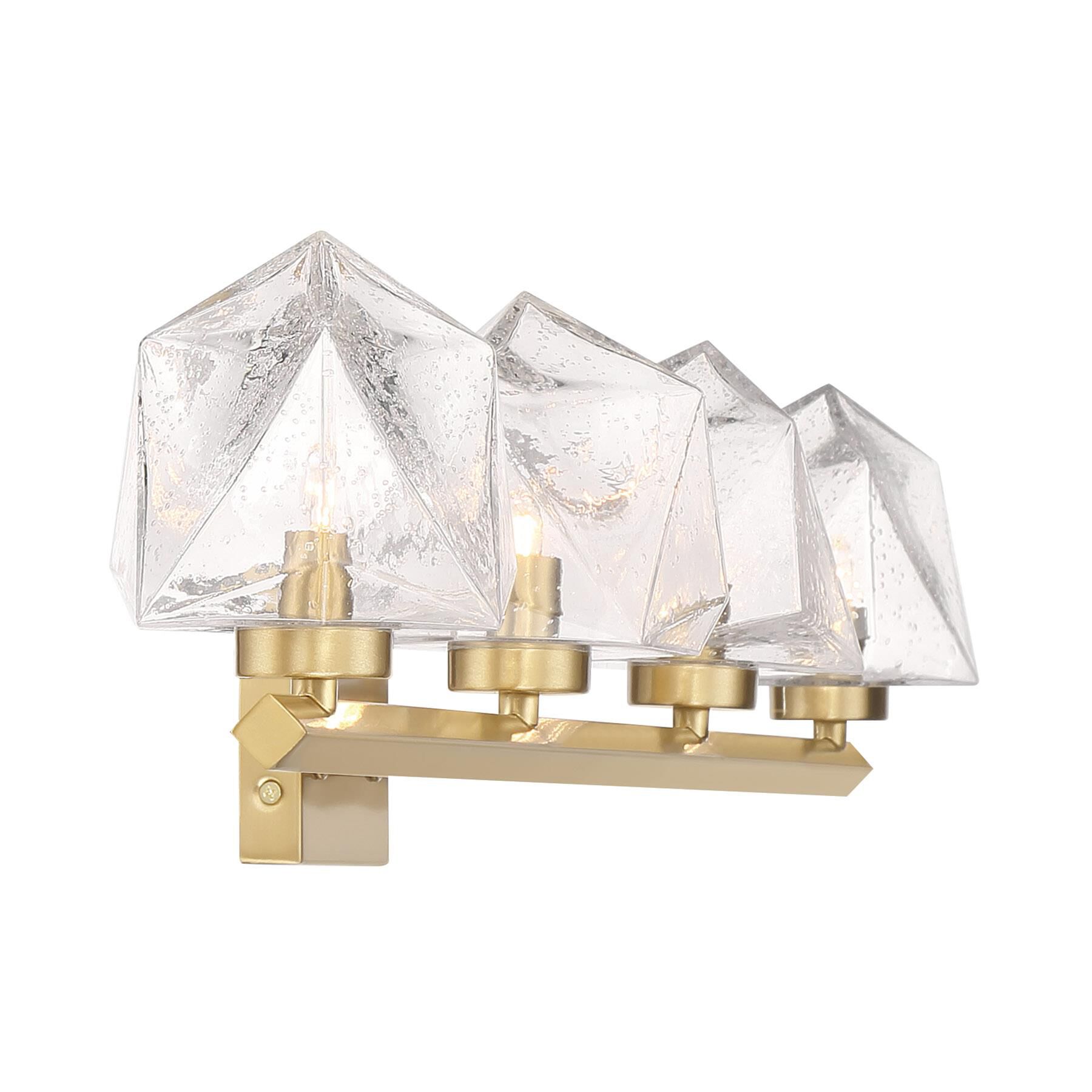 Shown in Warm Brass finish and Clear Seeded glass