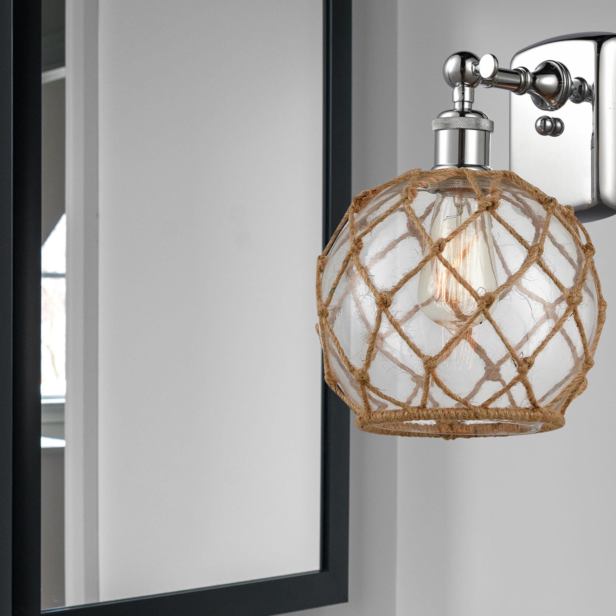 Shown in Polished Chrome finish and Clear With Black Rope glass