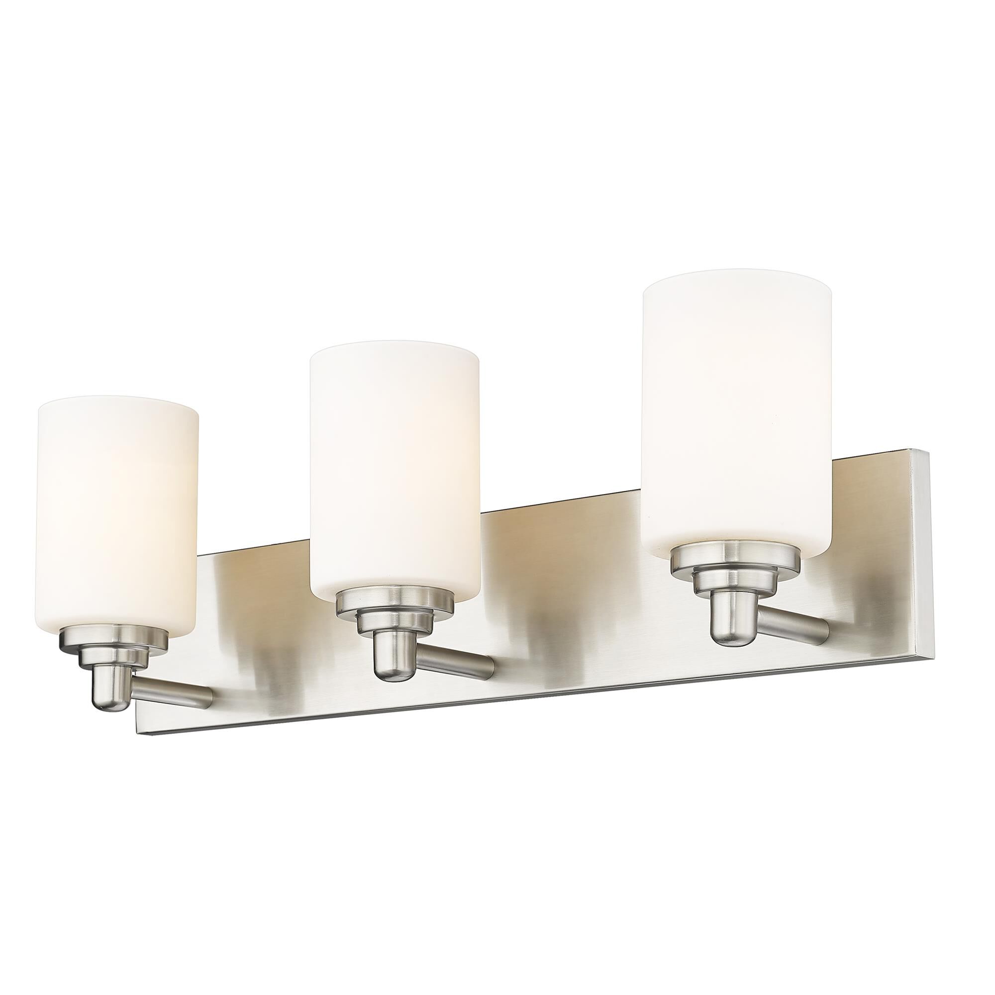 Shown in Brushed Nickel finish and White glass