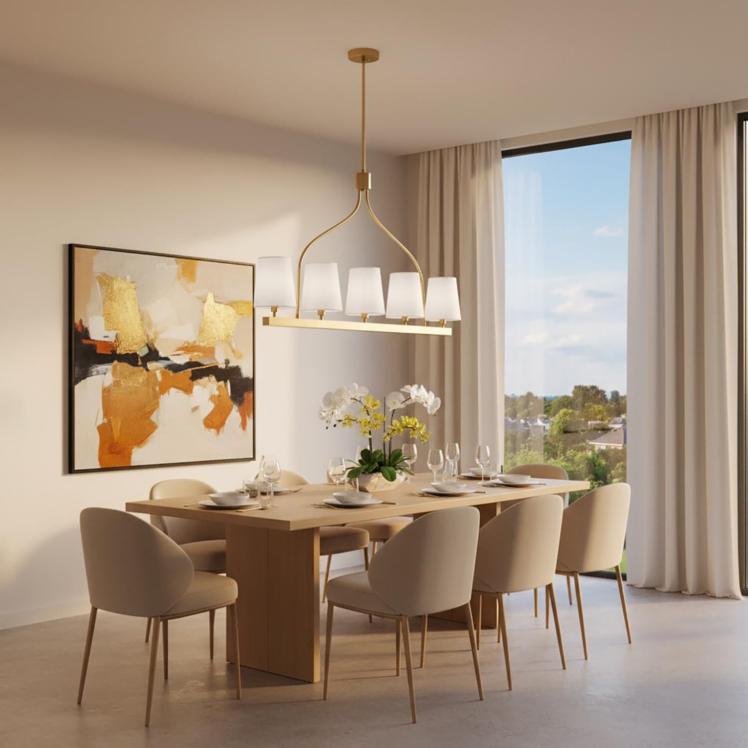 Shown in Brushed Gold finish and White Linen shade