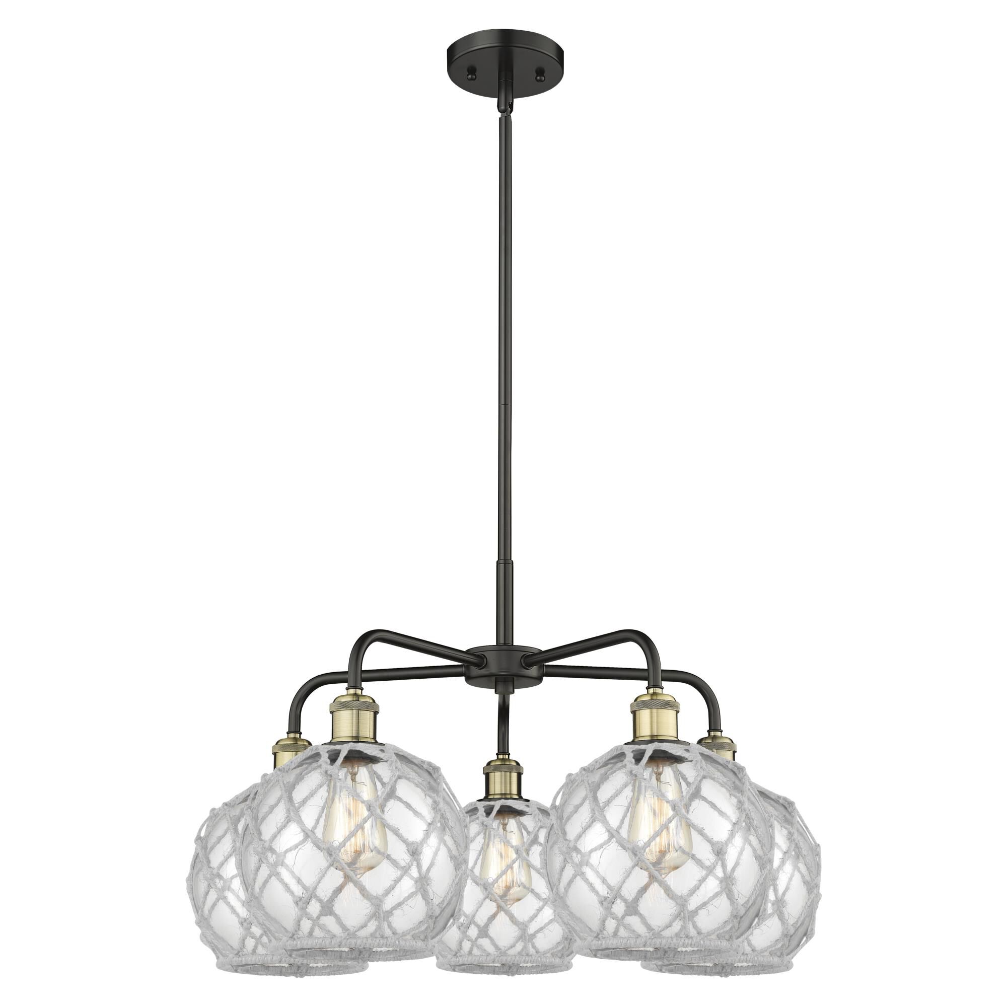 Shown in Black Antique Brass finish and Clear with White Rope glass